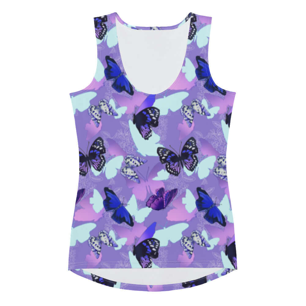 Butterfly Tank Top featuring a vibrant butterfly design, perfect for a stylish workout or casual wear.