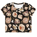 Chic Café Crop Top featuring a stylish pattern of teacups and desserts, perfect for casual outings and workouts.