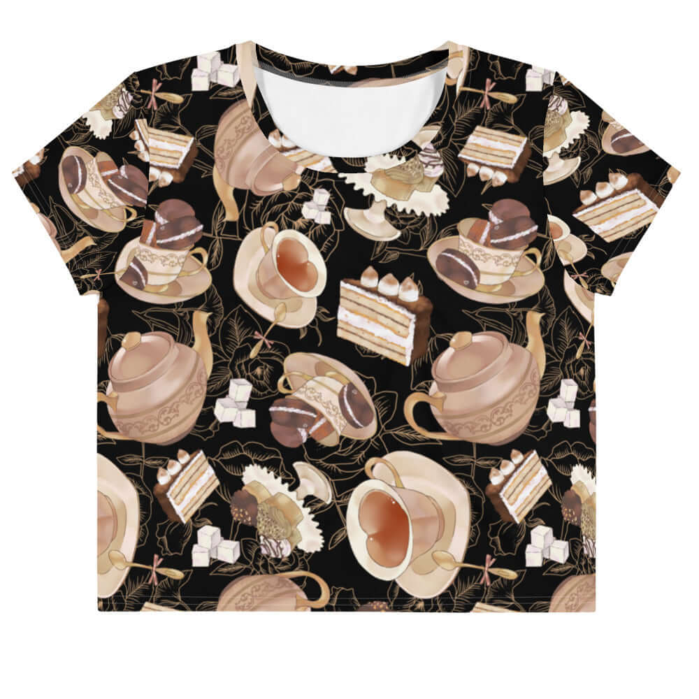 Chic Café Crop Top featuring a stylish pattern of teacups and desserts, perfect for casual outings and workouts.
