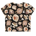 Café Crop Top featuring a chic design with tea and dessert motifs, perfect for casual outings or workouts.