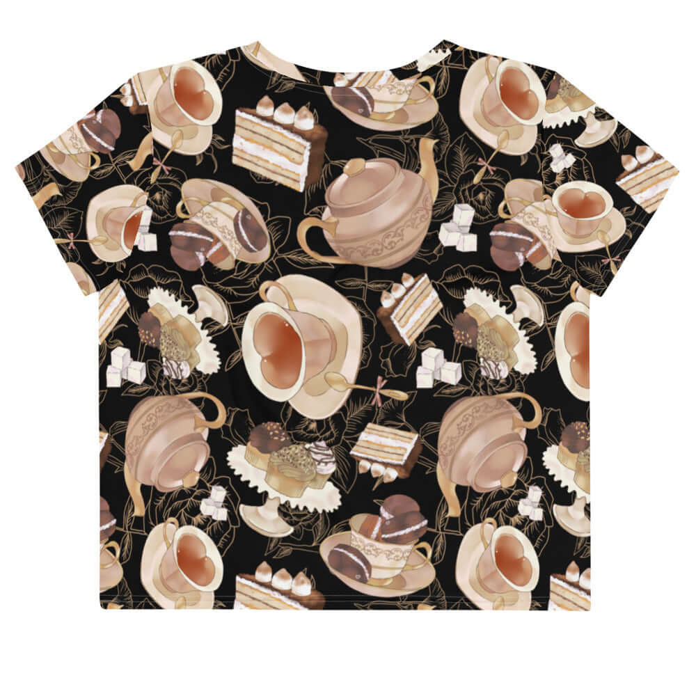 Café Crop Top featuring a chic design with tea and dessert motifs, perfect for casual outings or workouts.