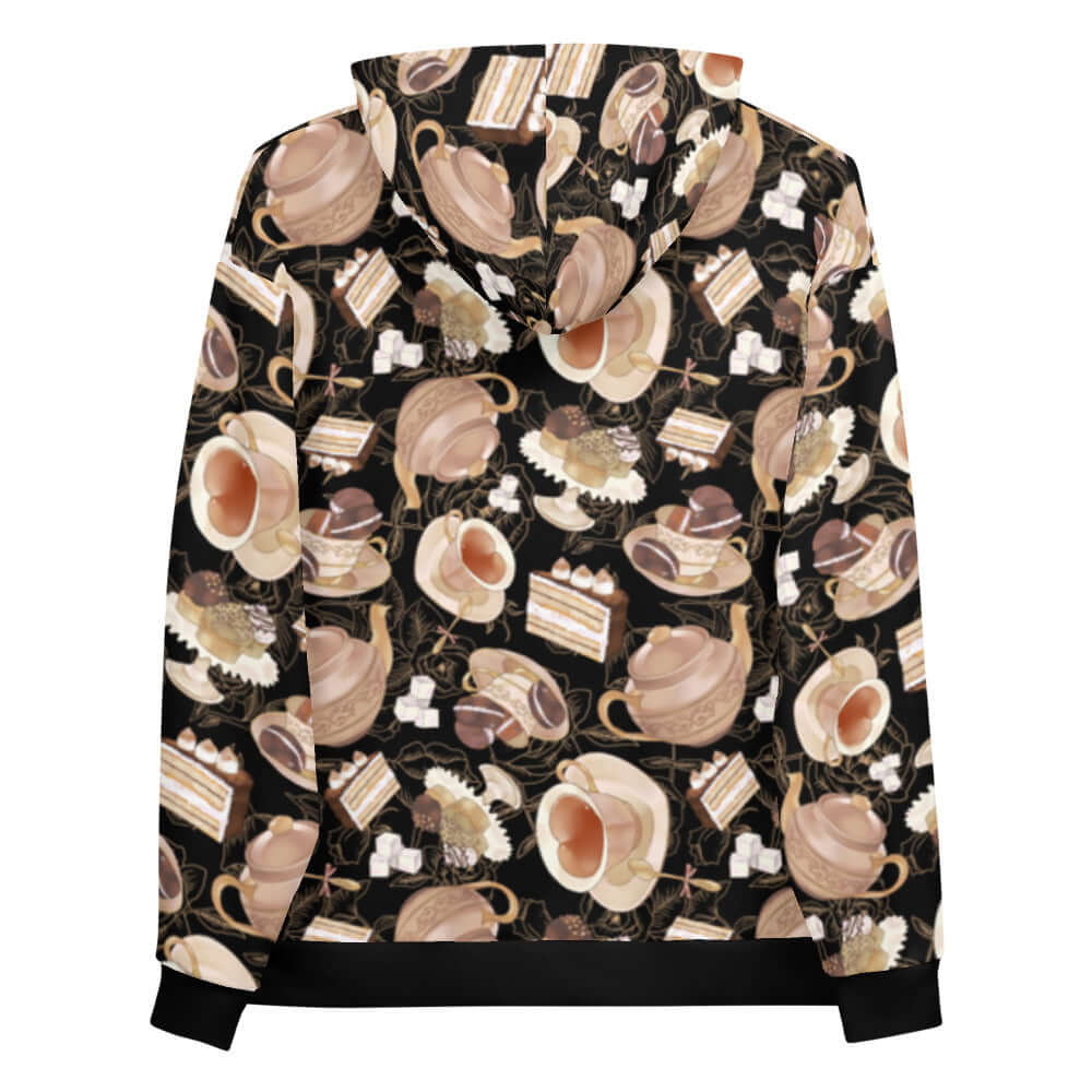 Cozy Café Hoodie featuring a vibrant print of tea cups and pastries, perfect for warm drinks on the go.