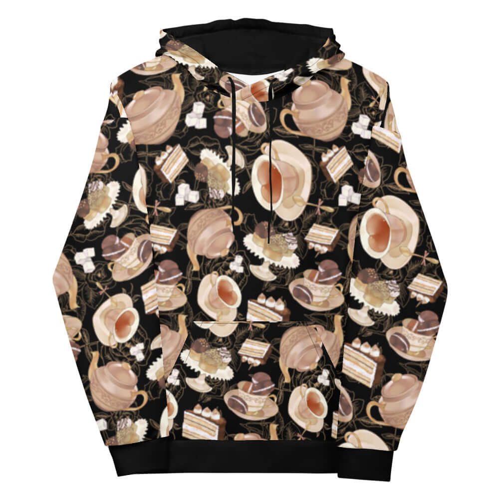 Cozy Café Hoodie featuring a vibrant print of tea cups and pastries, perfect for a stylish outing.