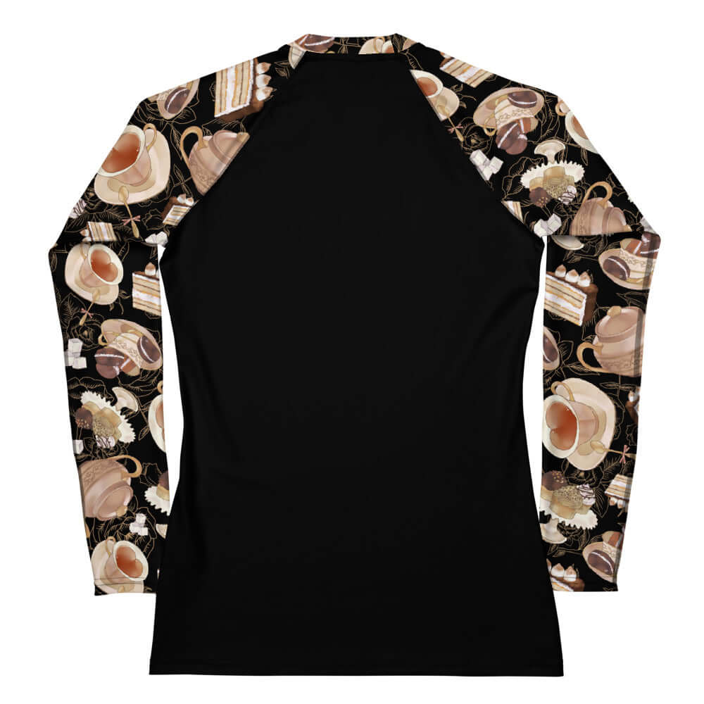Stylish Café Rash Guard featuring a coffee-themed design, perfect for active days under the sun and wind.