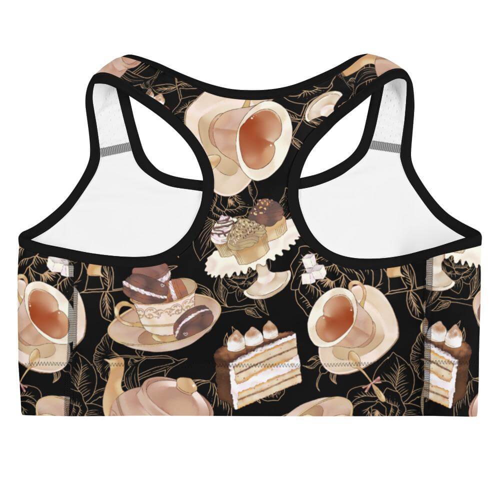 Café Sports bra features a delightful coffee and dessert design, perfect for workouts or relaxing coffee breaks.