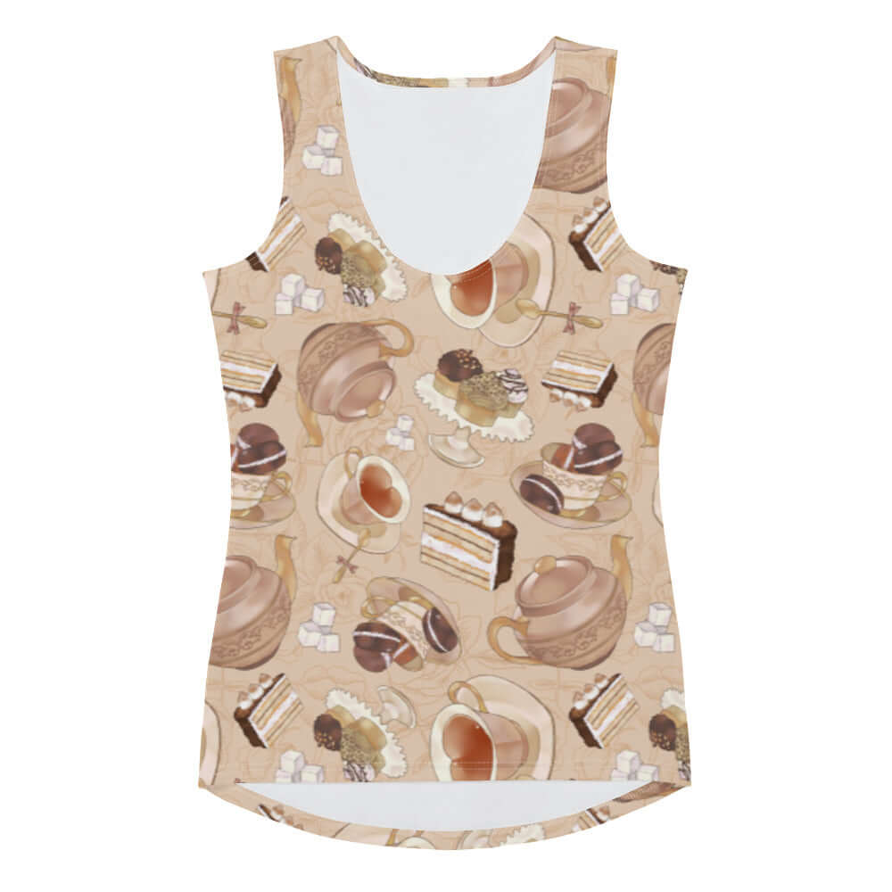 Stylish Café Tank Top featuring a delightful coffee and dessert print, perfect for workouts and casual outings.
