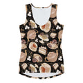 Stylish Café Tank Top featuring a vibrant coffee and dessert print, perfect for workouts or casual wear.