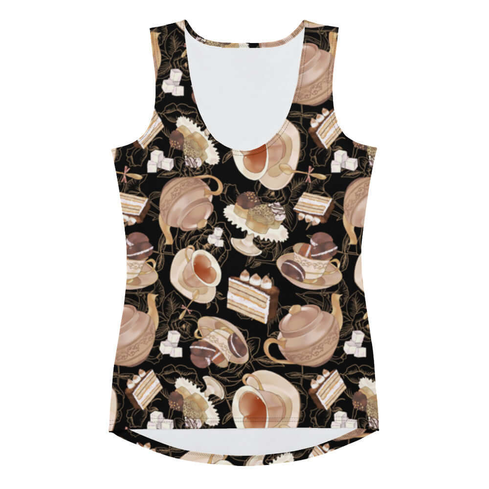 Stylish Café Tank Top featuring a vibrant coffee and dessert print, perfect for workouts or casual wear.