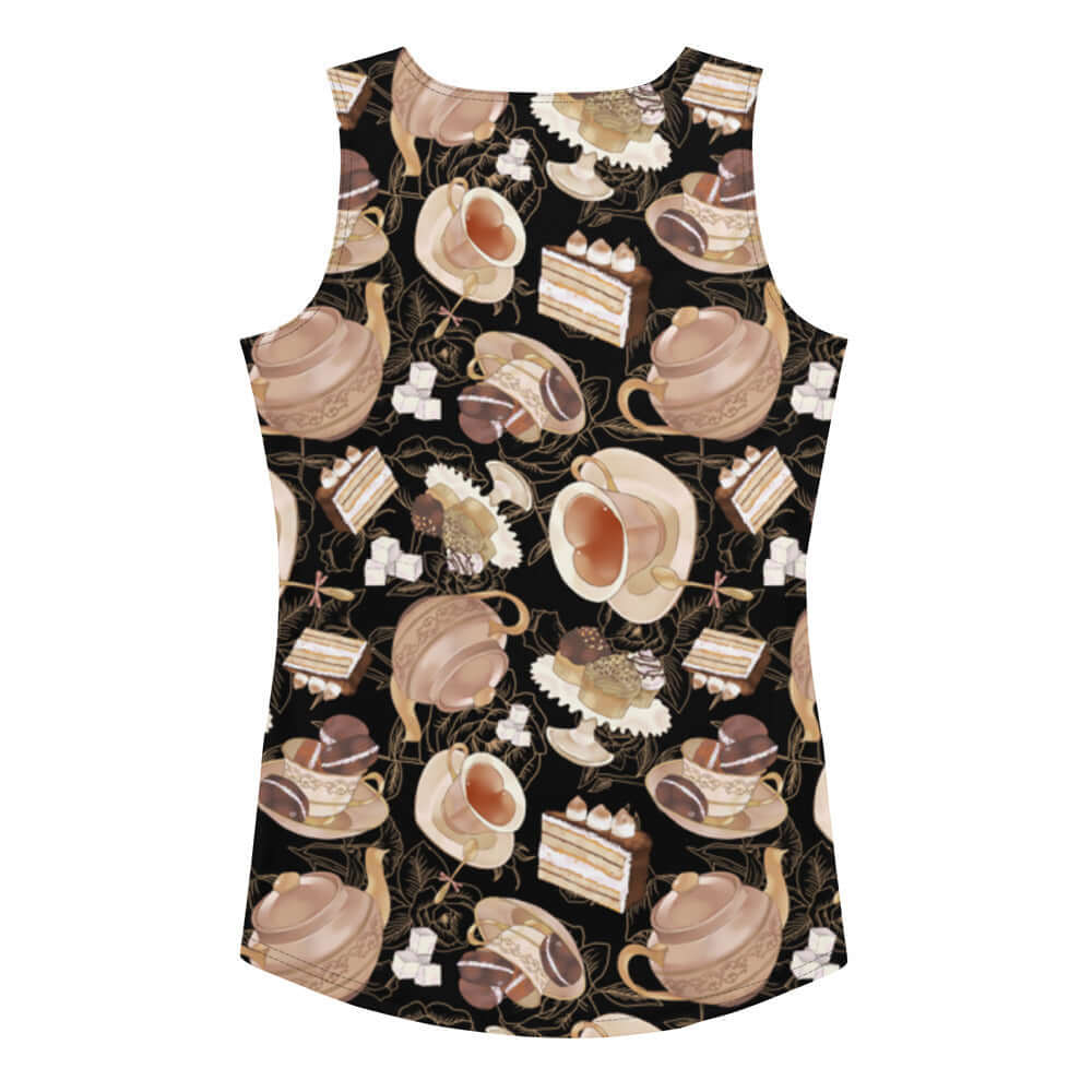 Stylish Café Tank Top with a delicious dessert pattern, perfect for workouts and cheat days. Order one size down!