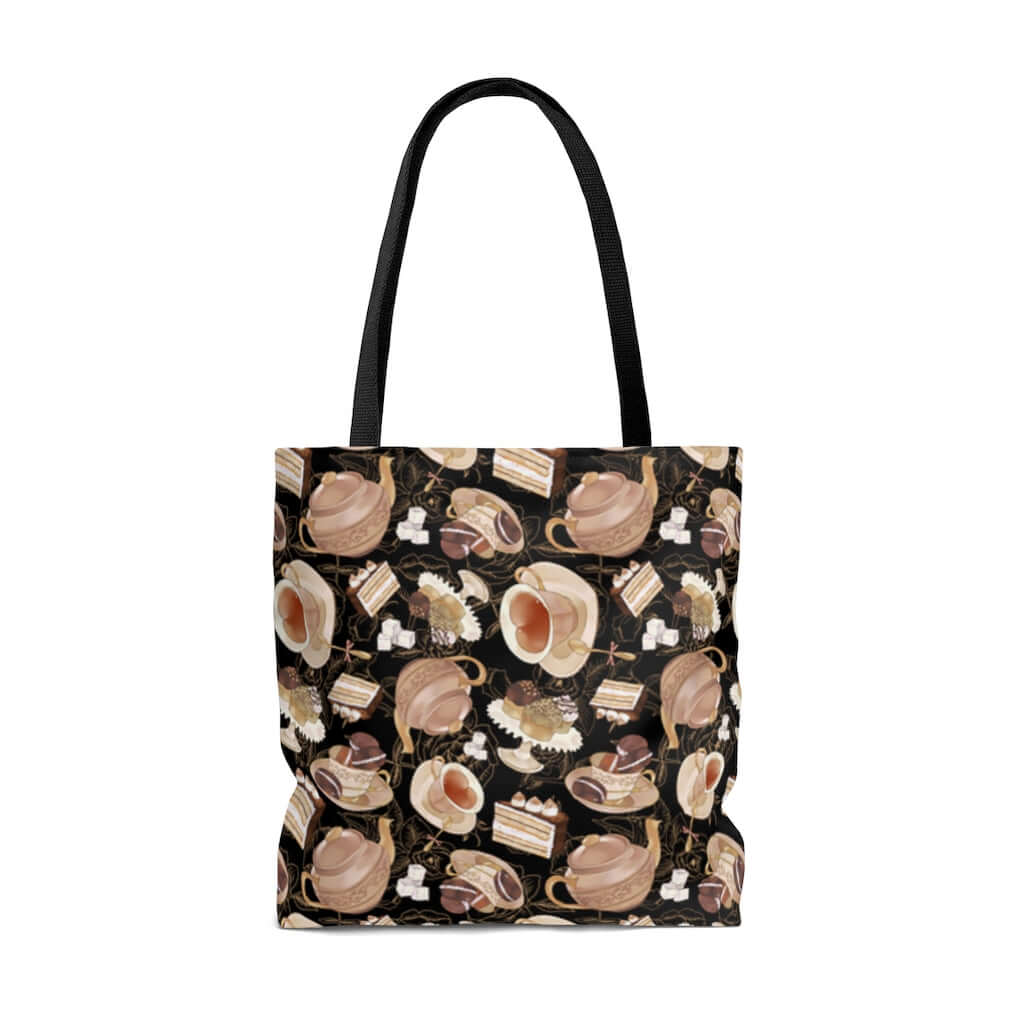 Stylish Café Tote Bag (Black) featuring a charming coffee and dessert pattern, perfect for any outing or occasion.