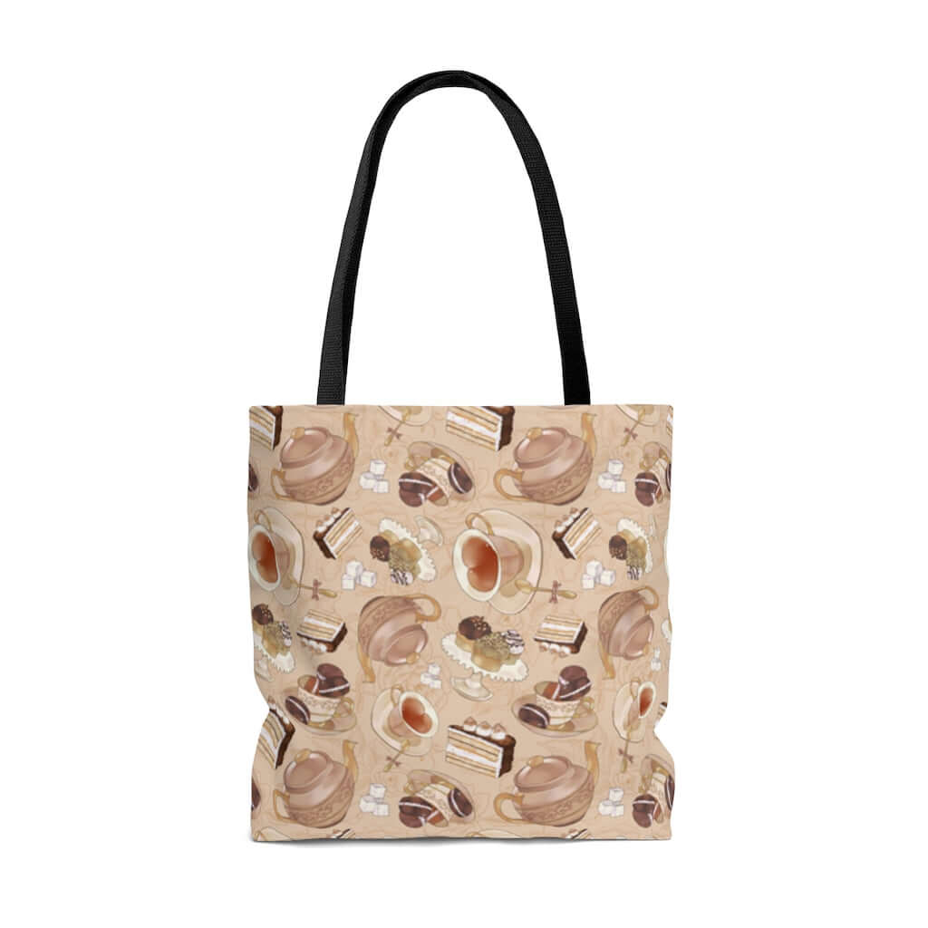 Stylish Café Tote Bag (Latte) features a delightful coffee print, perfect for any outing or casual aesthetic.