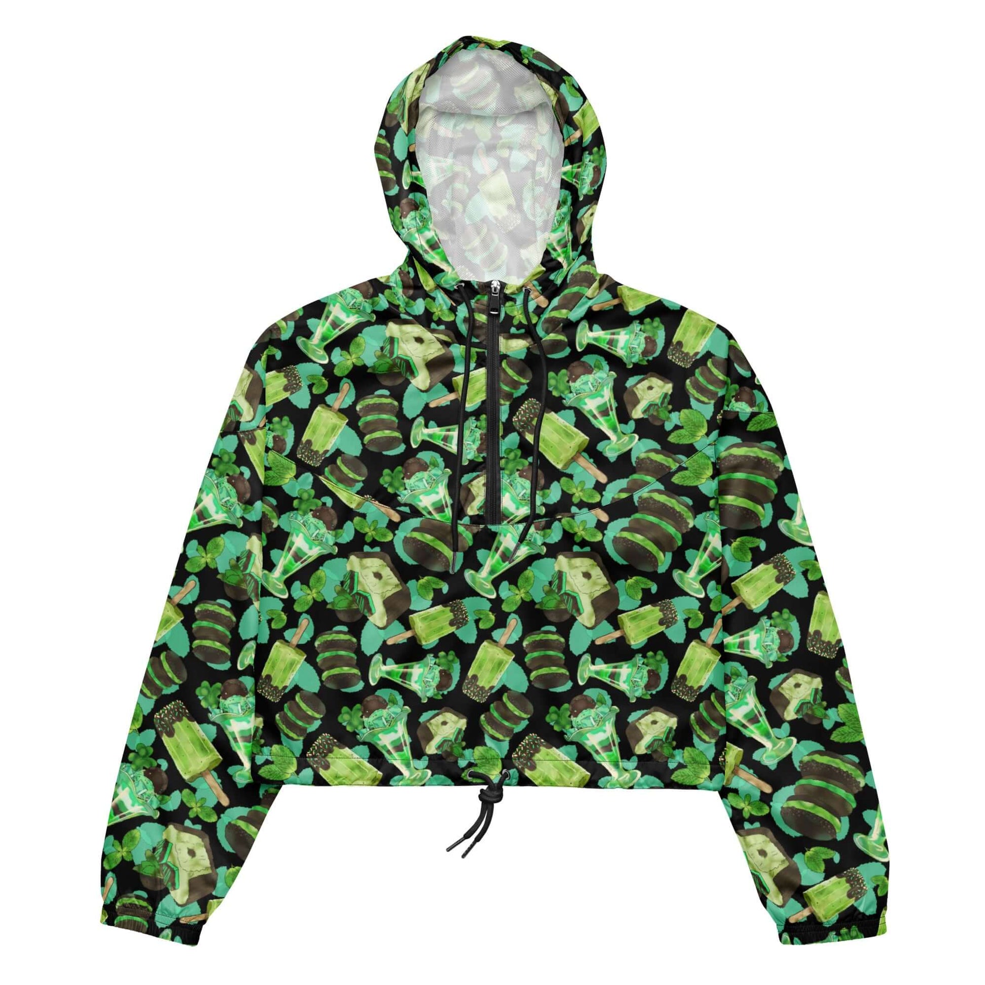 Stylish Choco Mint cropped windbreaker features a vibrant print, perfect for adventures in any weather.
