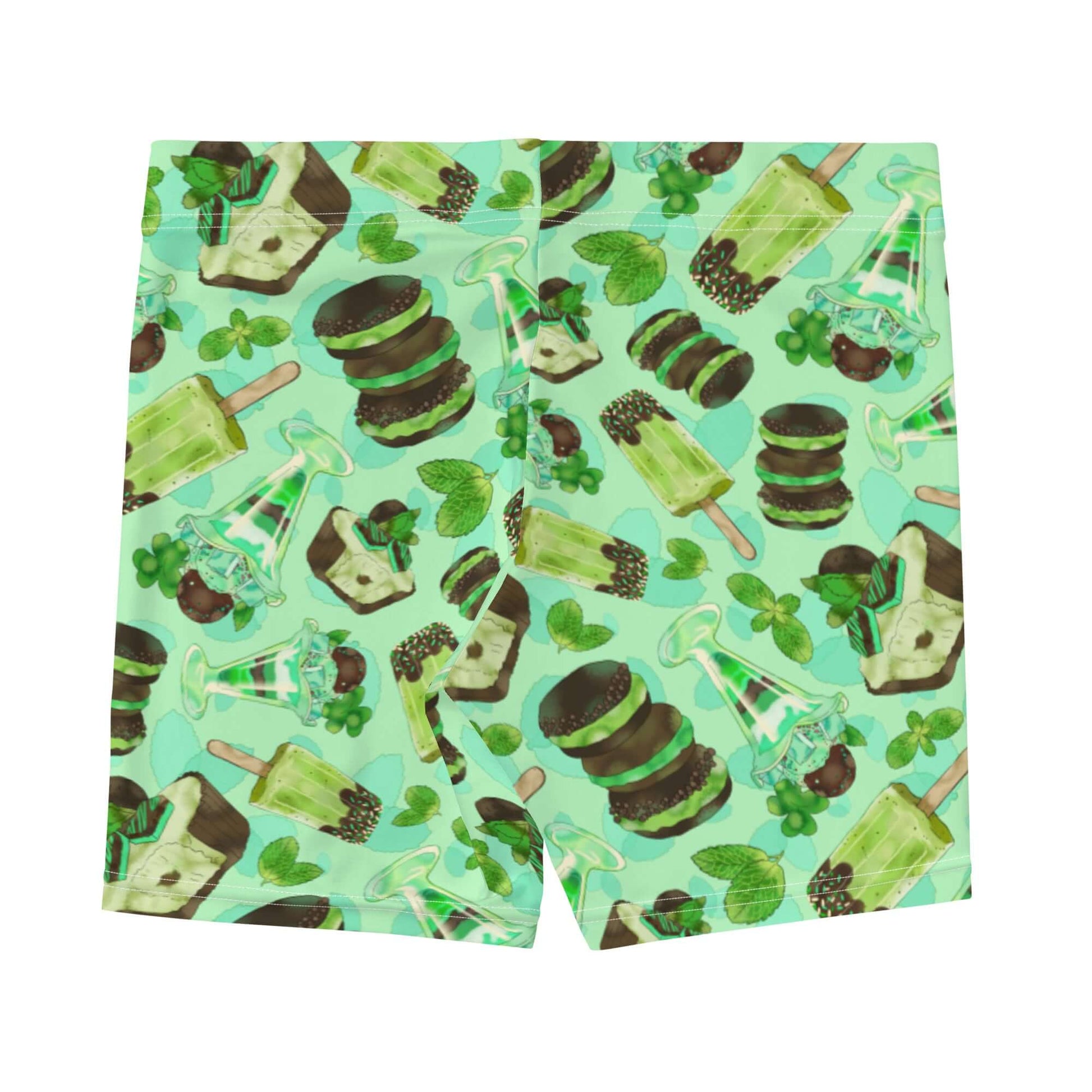Choco Mint Shorts feature a fun dessert print, offering comfort and style for your active lifestyle. Perfect for workouts!