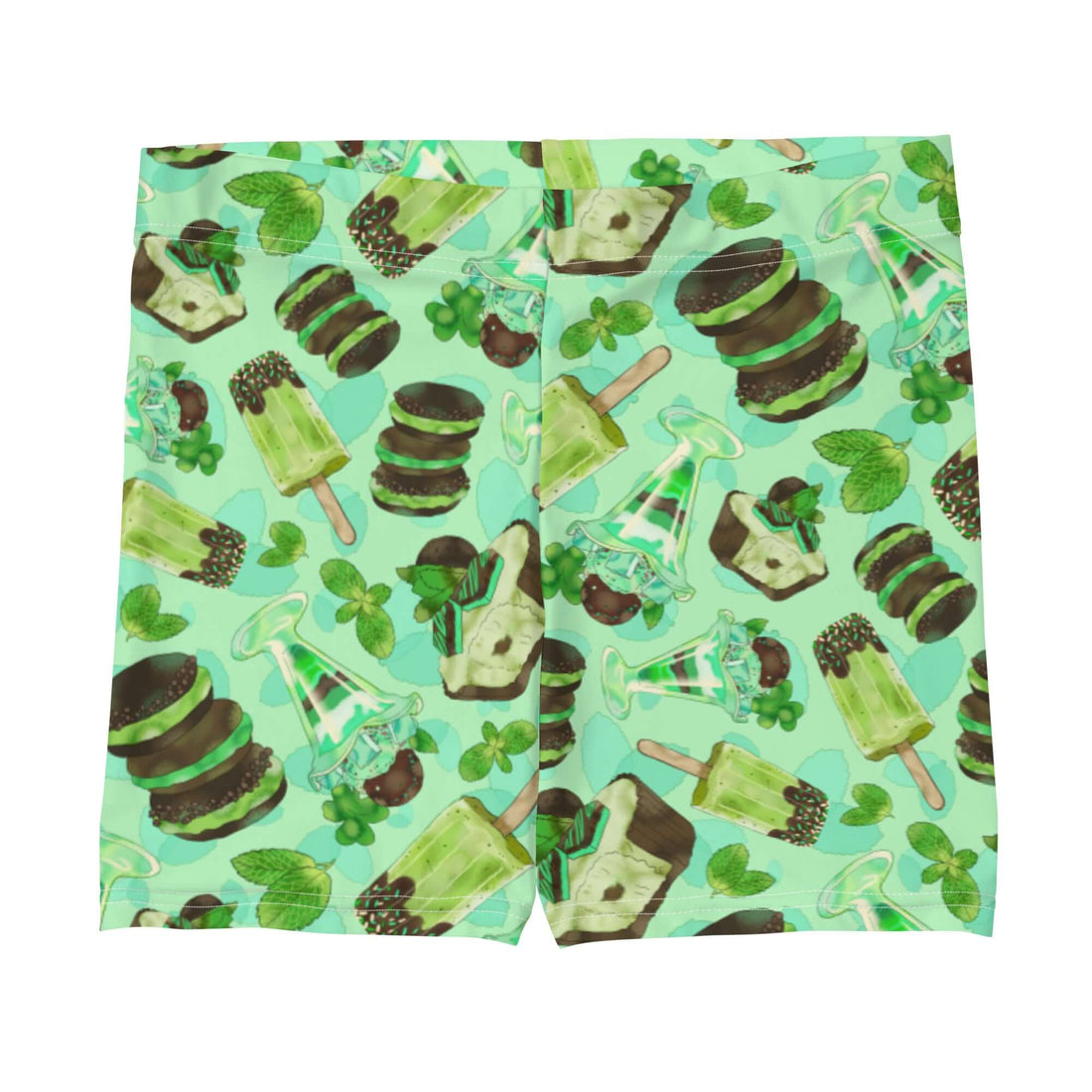 Choco Mint Shorts feature a fun dessert print, perfect for comfort and style at the gym or casual outings.