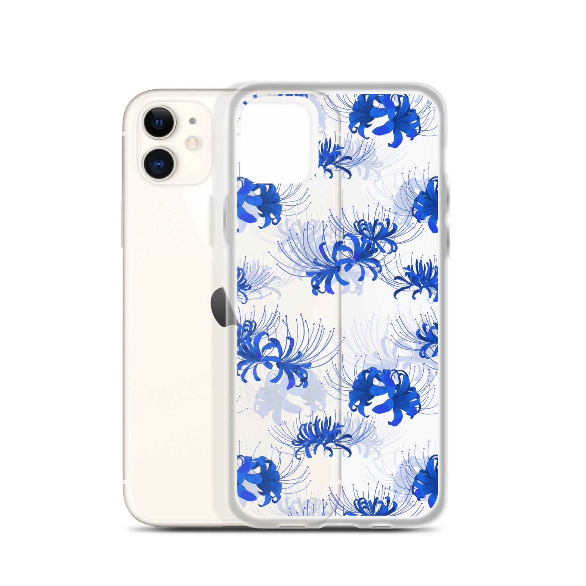 Stylish Higanbana iPhone® Clear Case with blue floral design, offering protection against scratches and dirt.