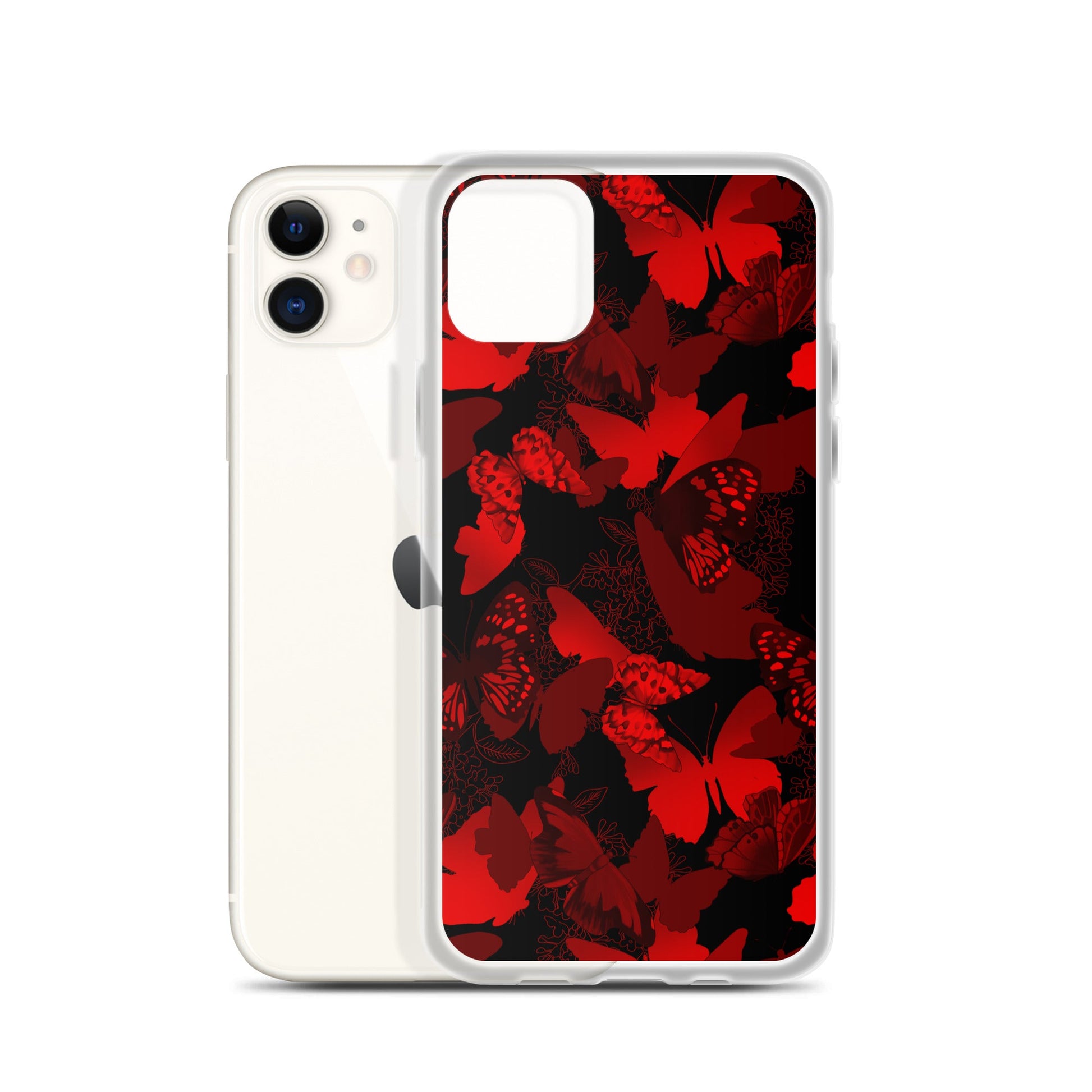 Sleek Butterfly iPhone® Clear Case showcases vibrant red butterflies, offering protection and style for your device.