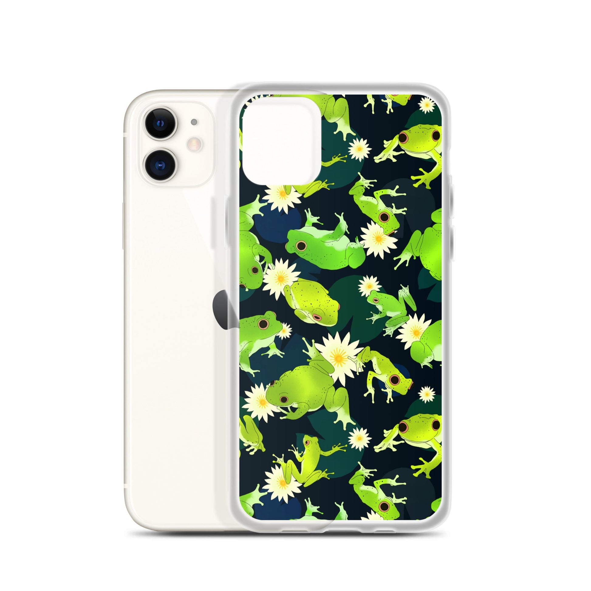 Vibrant Kero-kero iPhone® Clear Case showcasing adorable frogs and flowers, offering stylish protection for your device.