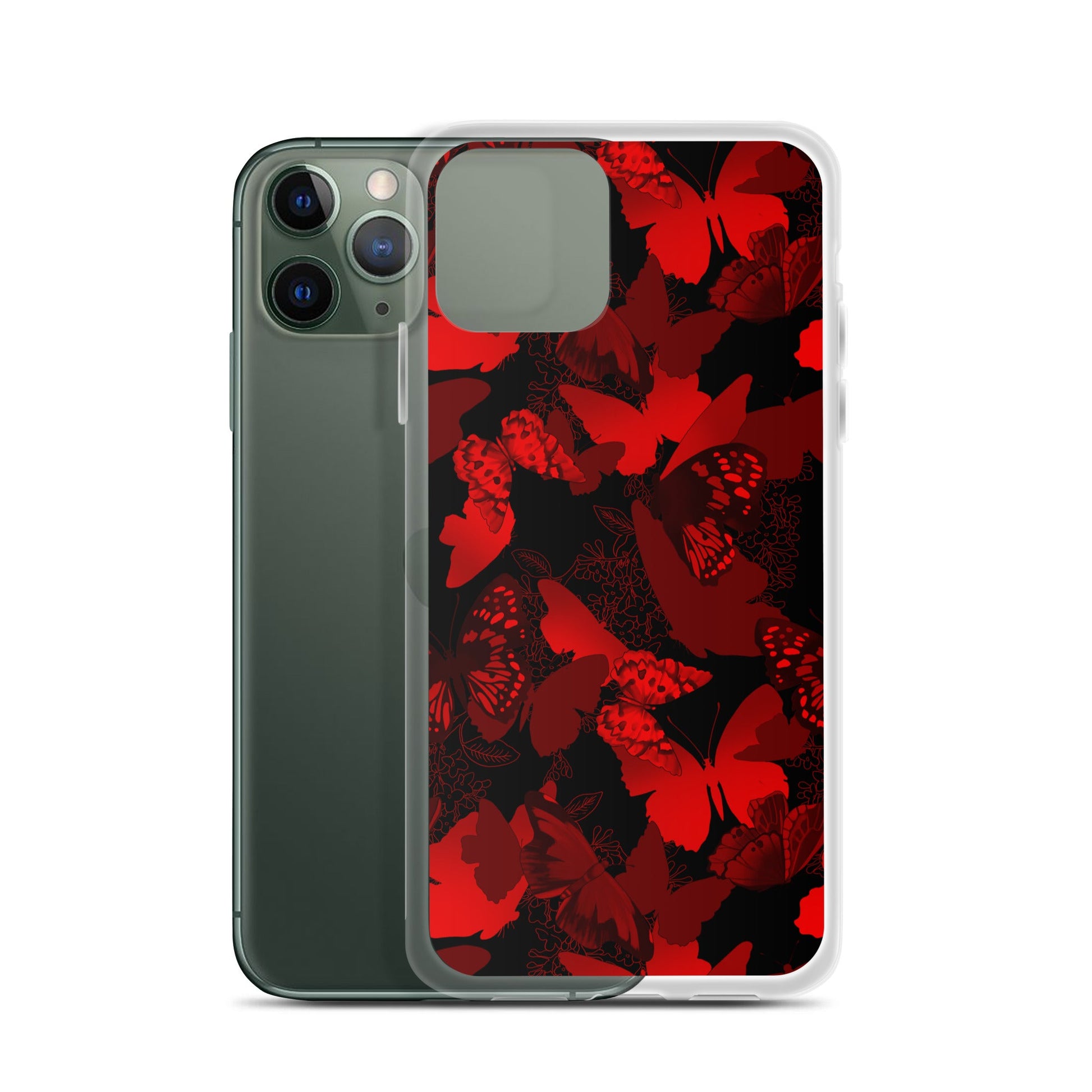 Sleek Butterfly iPhone® Clear Case showcasing vibrant red butterflies, protecting your device from scratches and dirt.