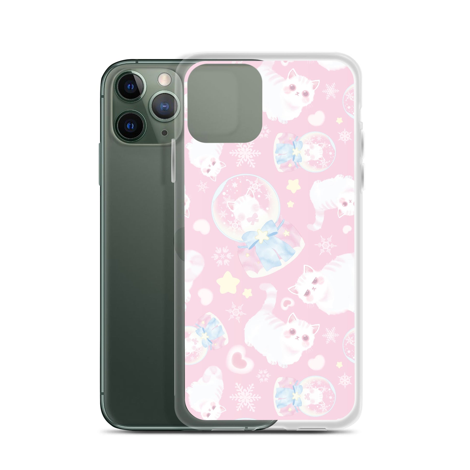 Stylish Snow Kitten iPhone® Clear Case showcases adorable kittens, offering sleek protection and easy access to ports.