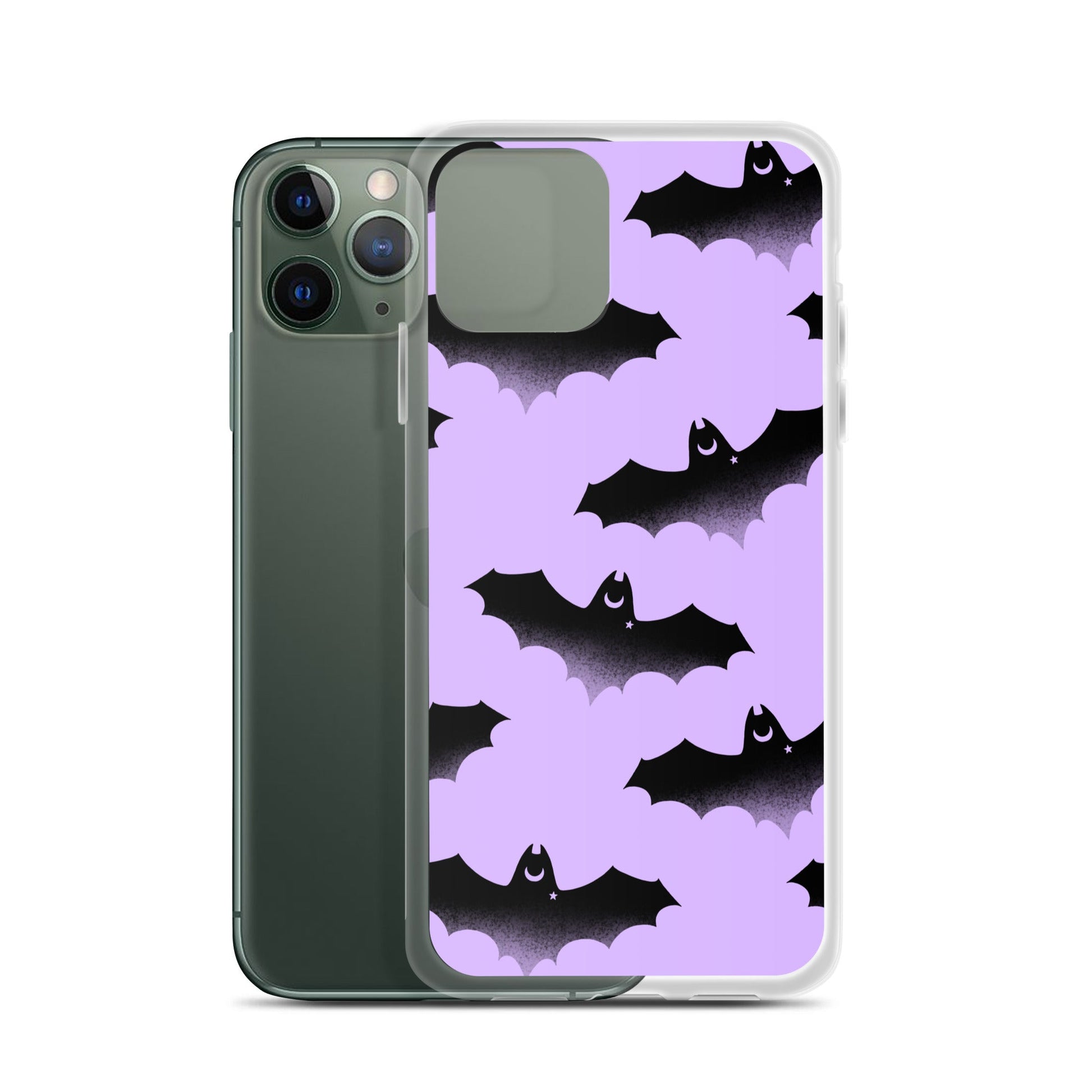 Stylish Morrigan iPhone® Clear Case featuring bat design, offering protection from scratches and easy access to ports.