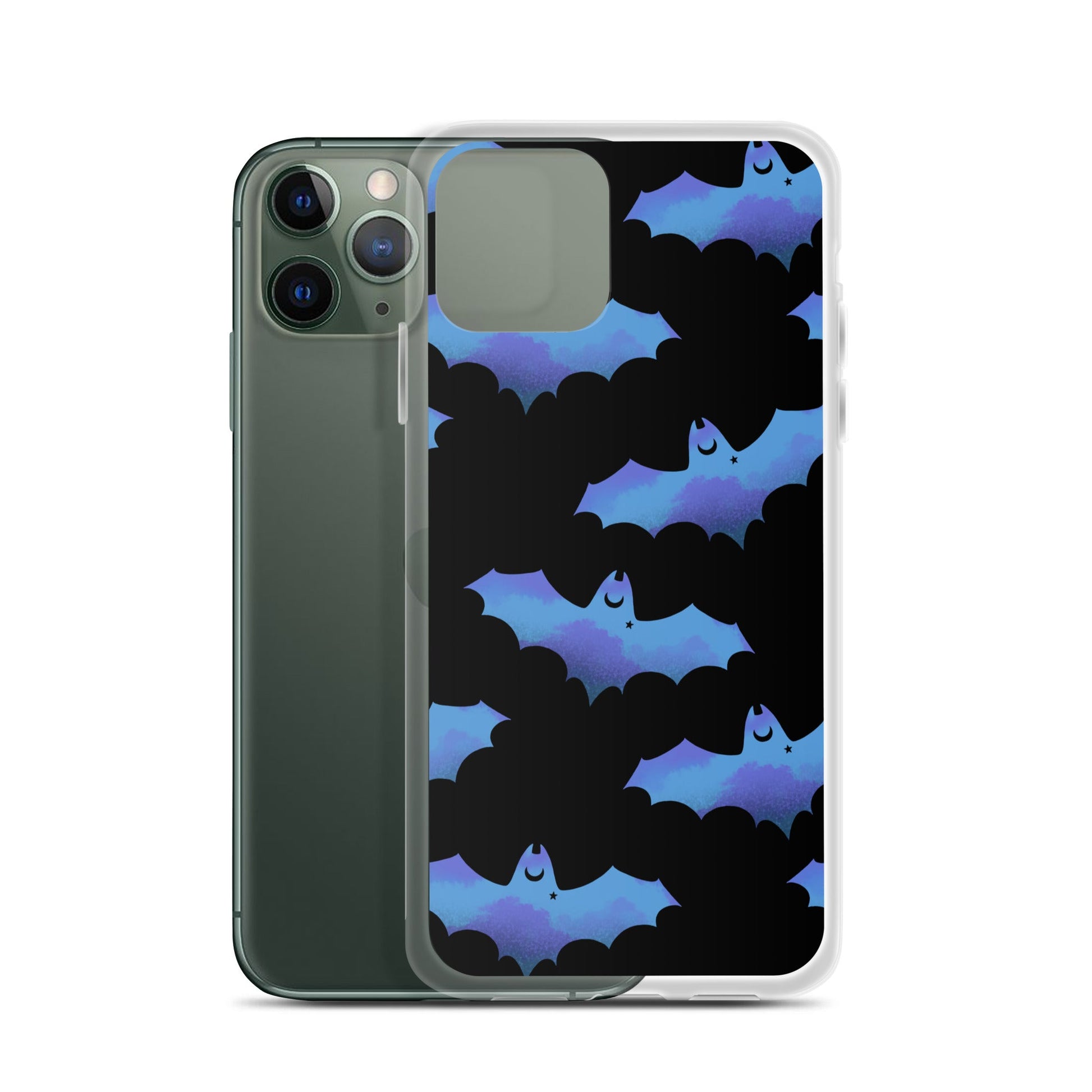 Stylish Lilith iPhone® Clear Case with bats design, offering protection against scratches and easy access to ports.