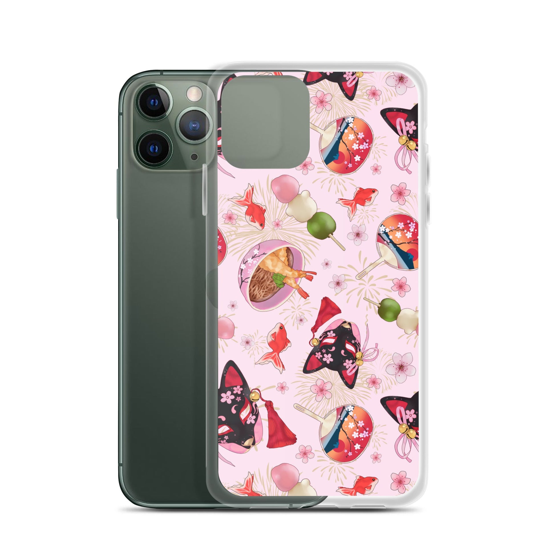 Colorful Matsuri iPhone® Clear Case showcasing vibrant designs, offering protection against scratches and dirt.