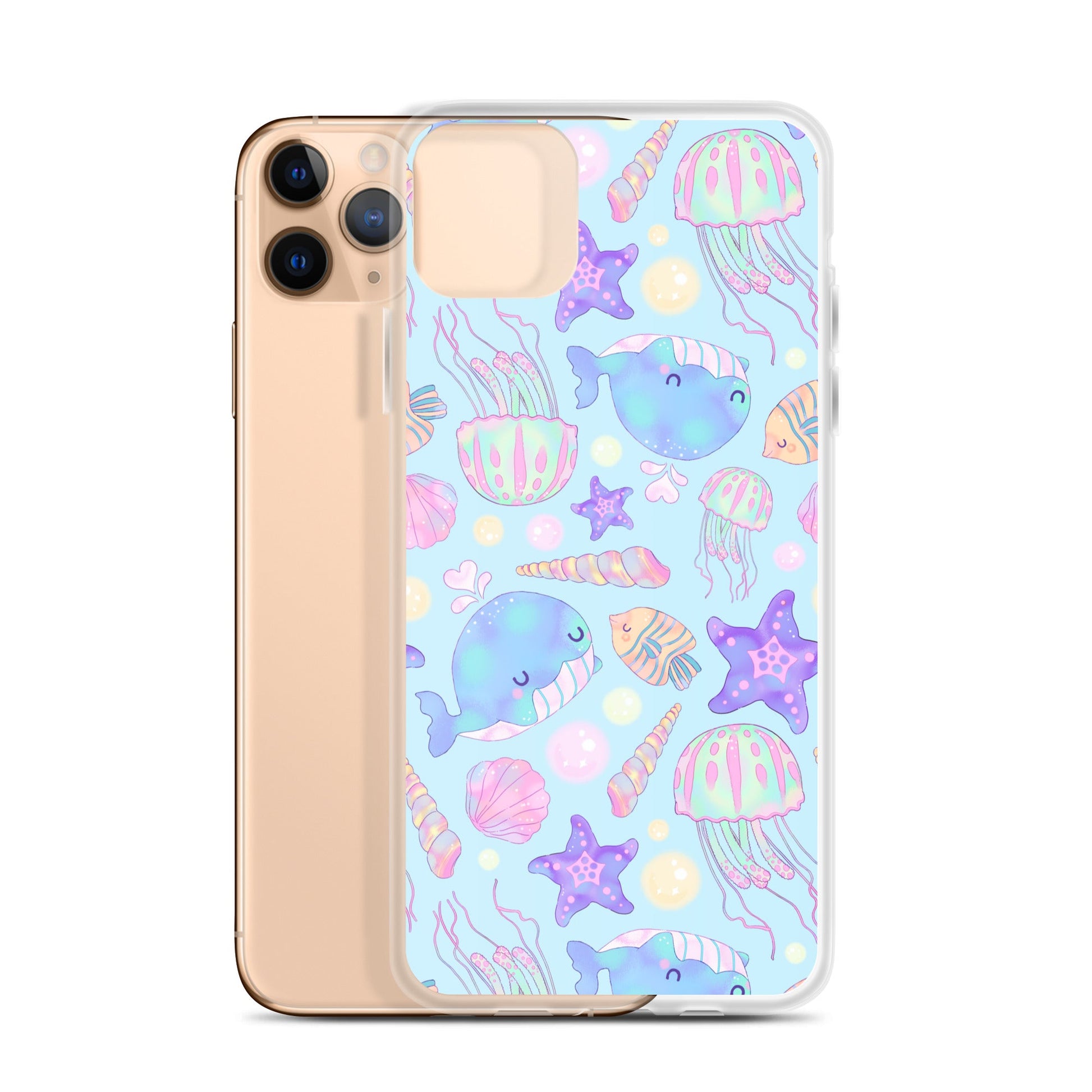 Colorful Under the Sea iPhone® Clear Case features marine life designs, offering stylish protection from scratches and dirt.