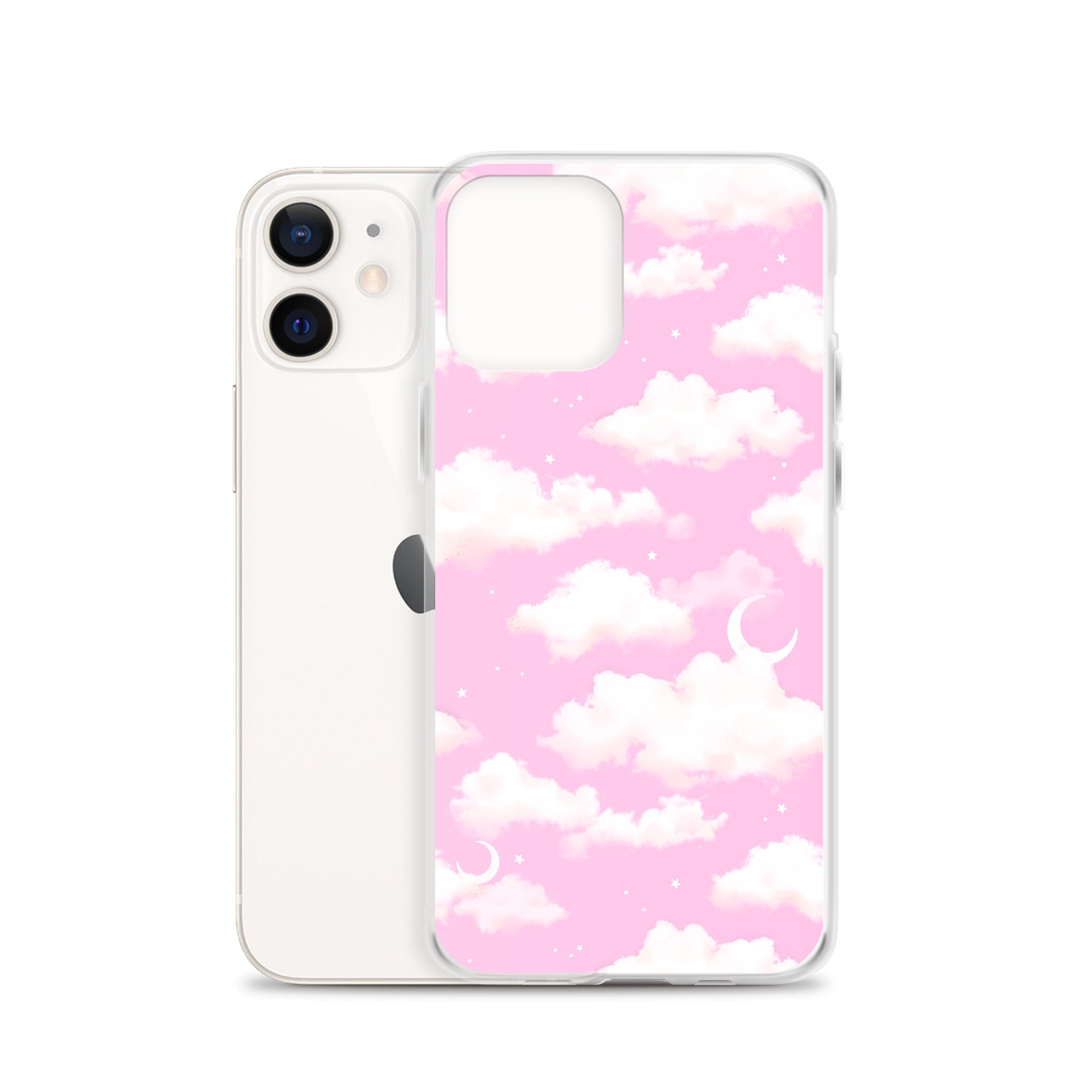 Sleek Cloudy Sky iPhone® Clear Case featuring a pink cloud design, offering protection from scratches and dirt.