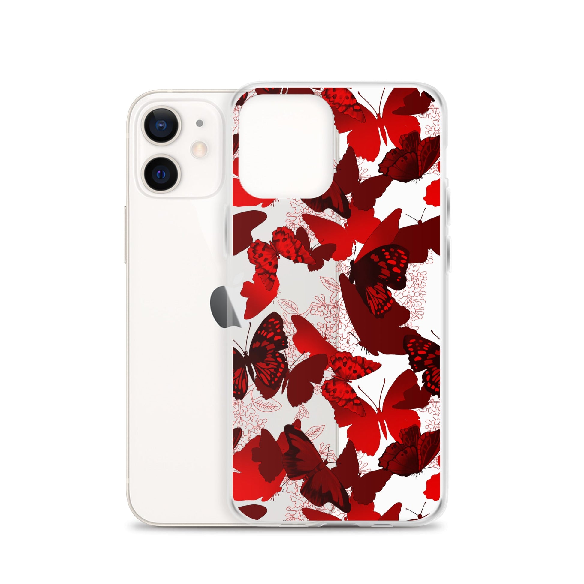 Butterfly iPhone® Clear Case featuring vibrant red butterflies, offering sleek protection and easy access to ports.