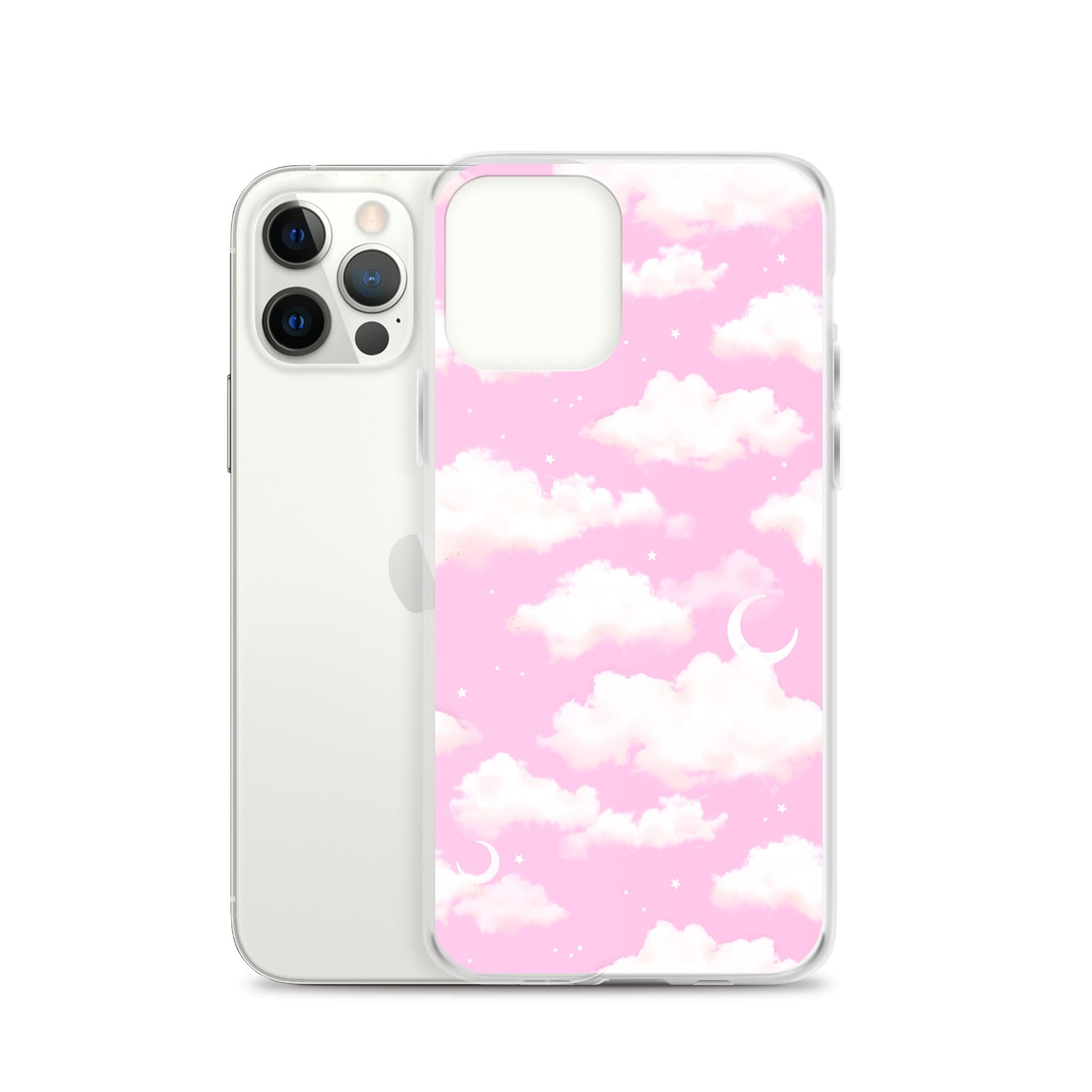 Stylish Cloudy Sky iPhone® Clear Case featuring a pink cloud design, perfect for protection and aesthetics.