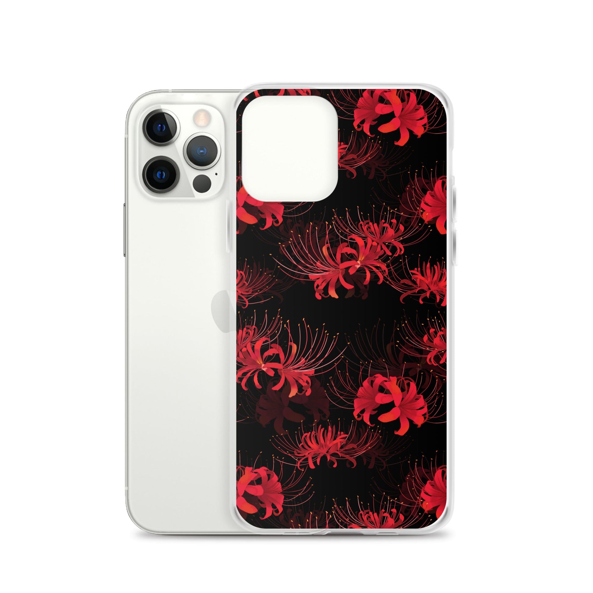 Sleek Higanbana iPhone® Clear Case featuring a floral design, offering protection against dust and scratches.