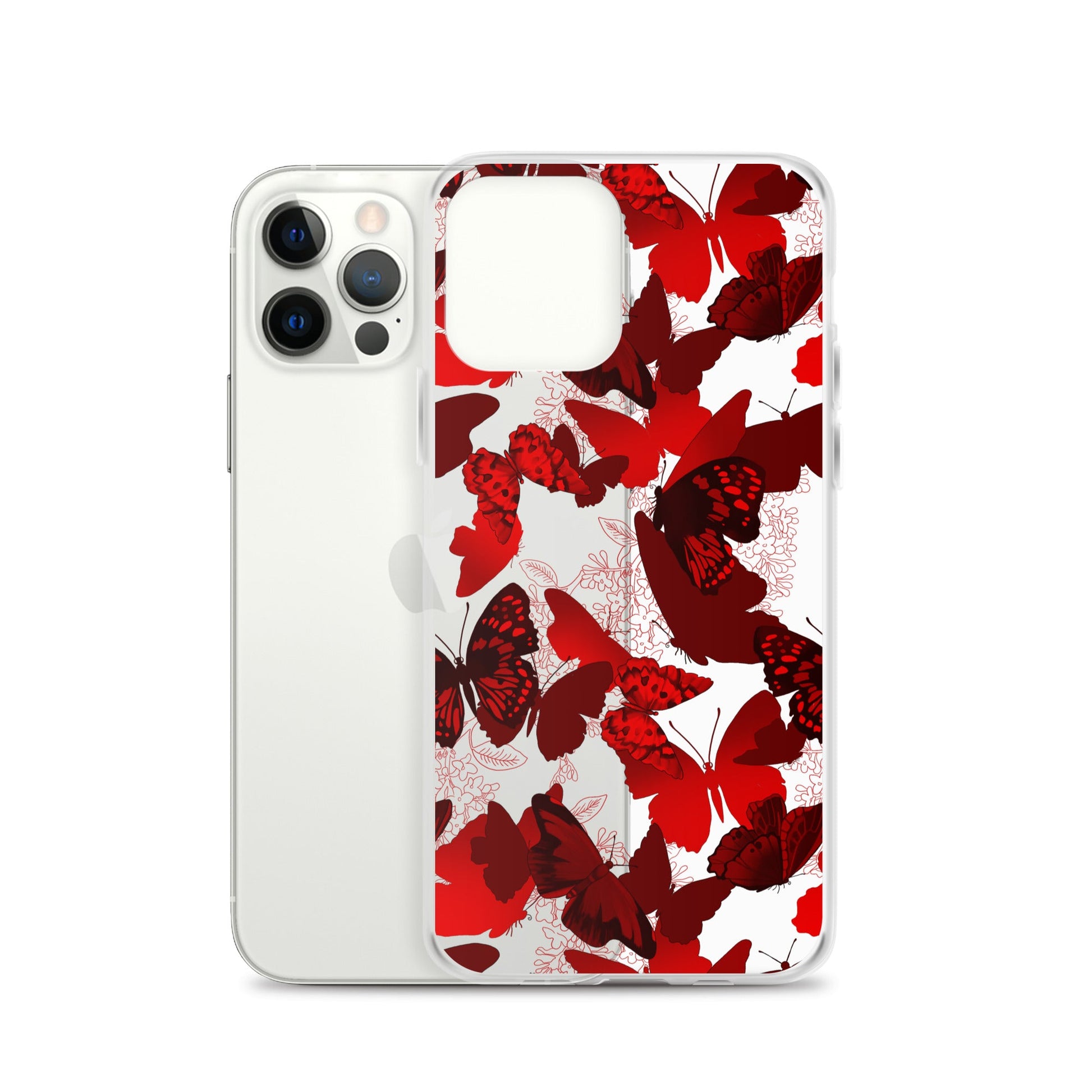 Sleek Butterfly iPhone® Clear Case features vibrant red butterflies, protecting your phone with style and durability.