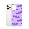 Sleek Morrigan iPhone® Clear Case with purple bat design, offering protection from scratches and easy access to ports.