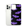 Morrigan iPhone® Clear Case featuring a sleek design with purple bats, perfect for protection against scratches and dust.