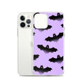 Morrigan iPhone® Clear Case features a sleek design with bats on a purple background, offering stylish protection.
