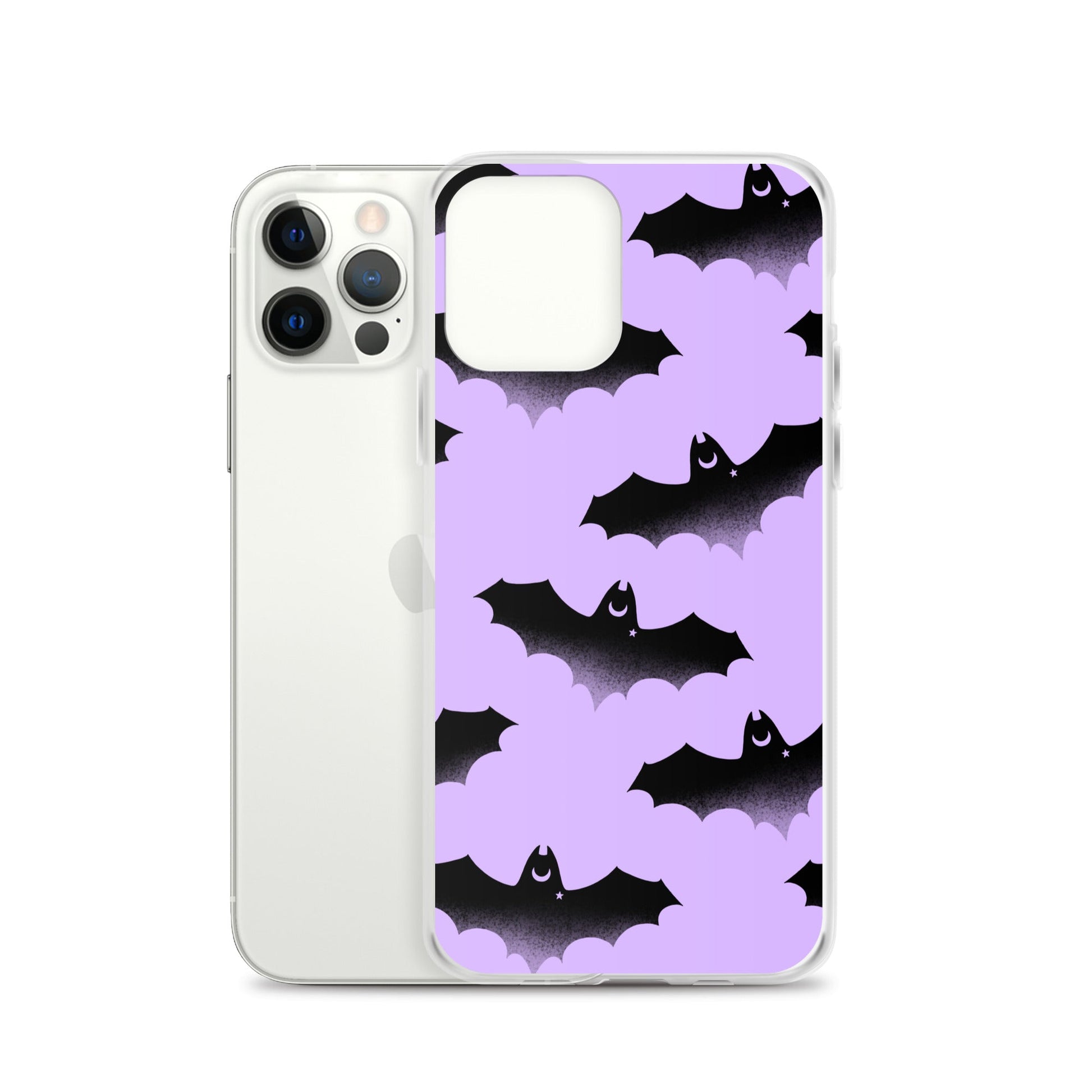 Morrigan iPhone® Clear Case features a sleek design with bats on a purple background, offering stylish protection.