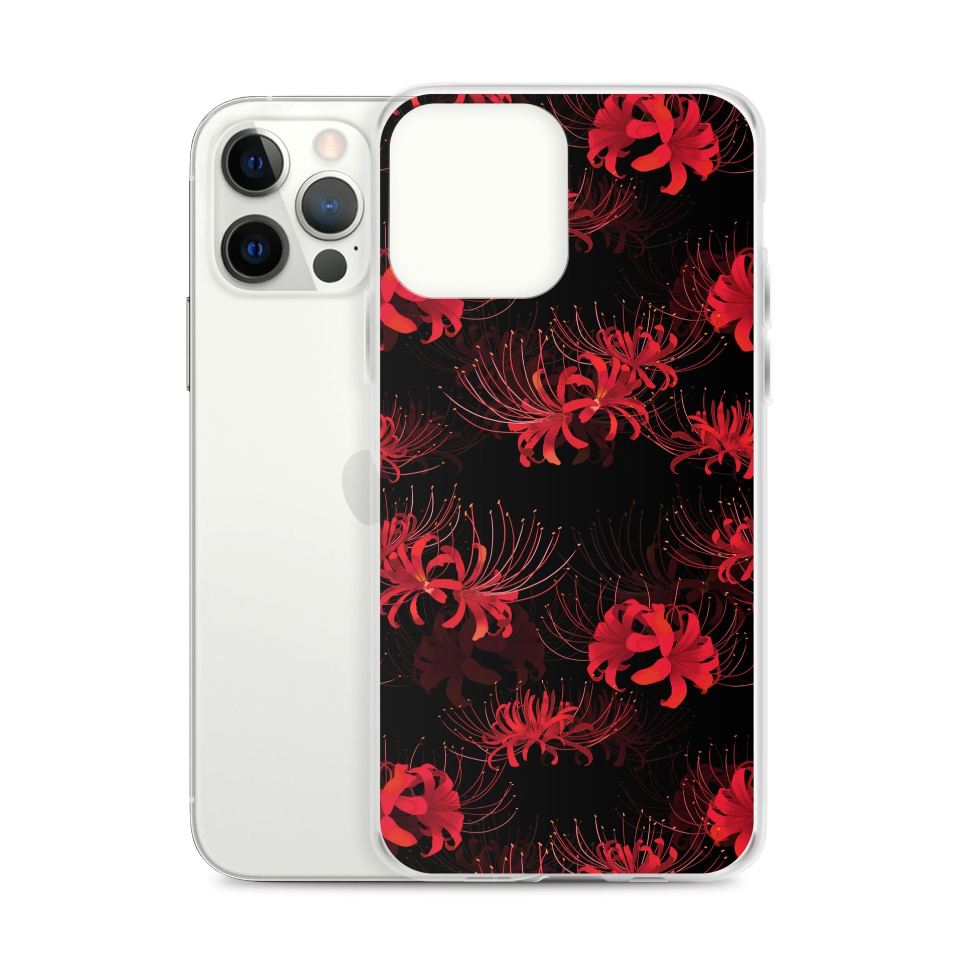 Sleek Higanbana iPhone® Clear Case showcases vibrant red floral design, offering stylish protection for your phone.