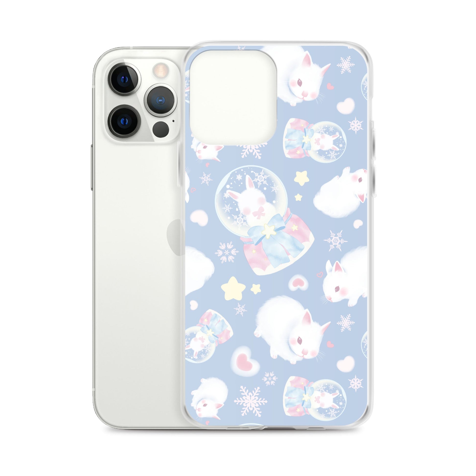 Snow Bunny iPhone® Clear Case featuring a whimsical bunny design, offering protection from scratches and dirt.