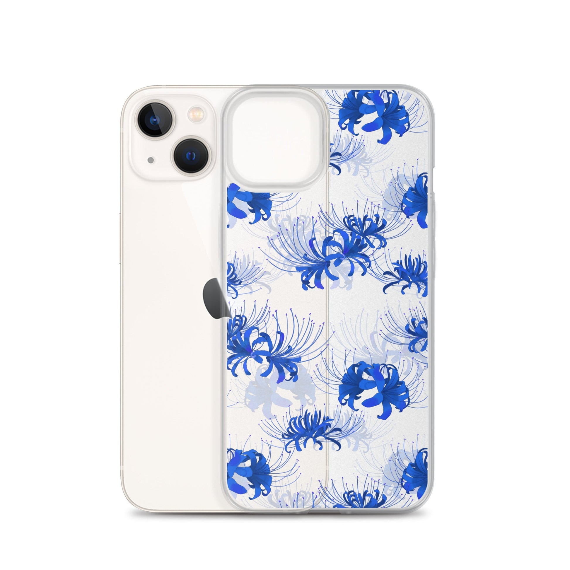 Showcasing the Higanbana iPhone® Clear Case, designed for protection with a stylish floral pattern and easy access ports.