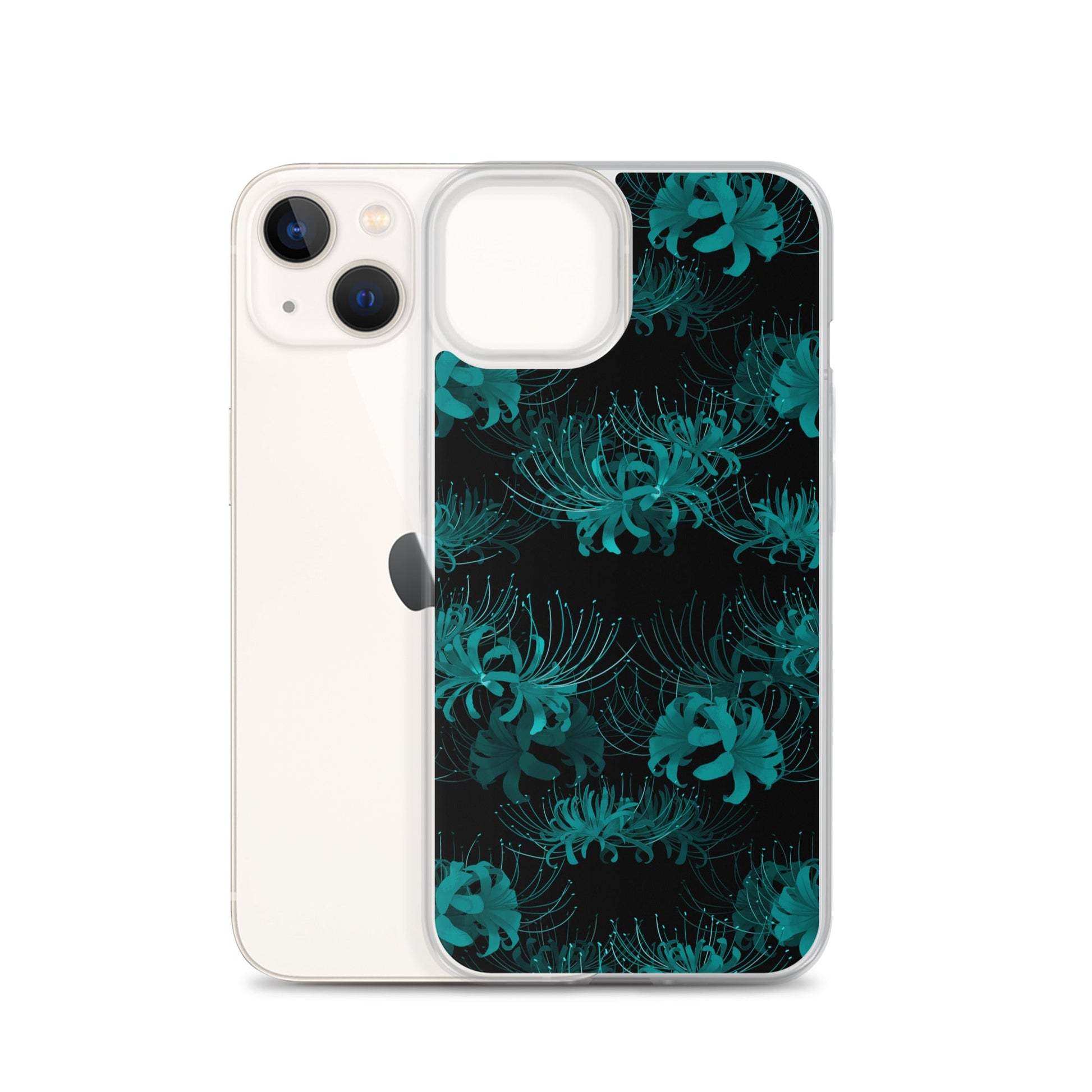 Sleek Higanbana iPhone® Clear Case featuring a floral design, offering durable protection and easy access to ports.