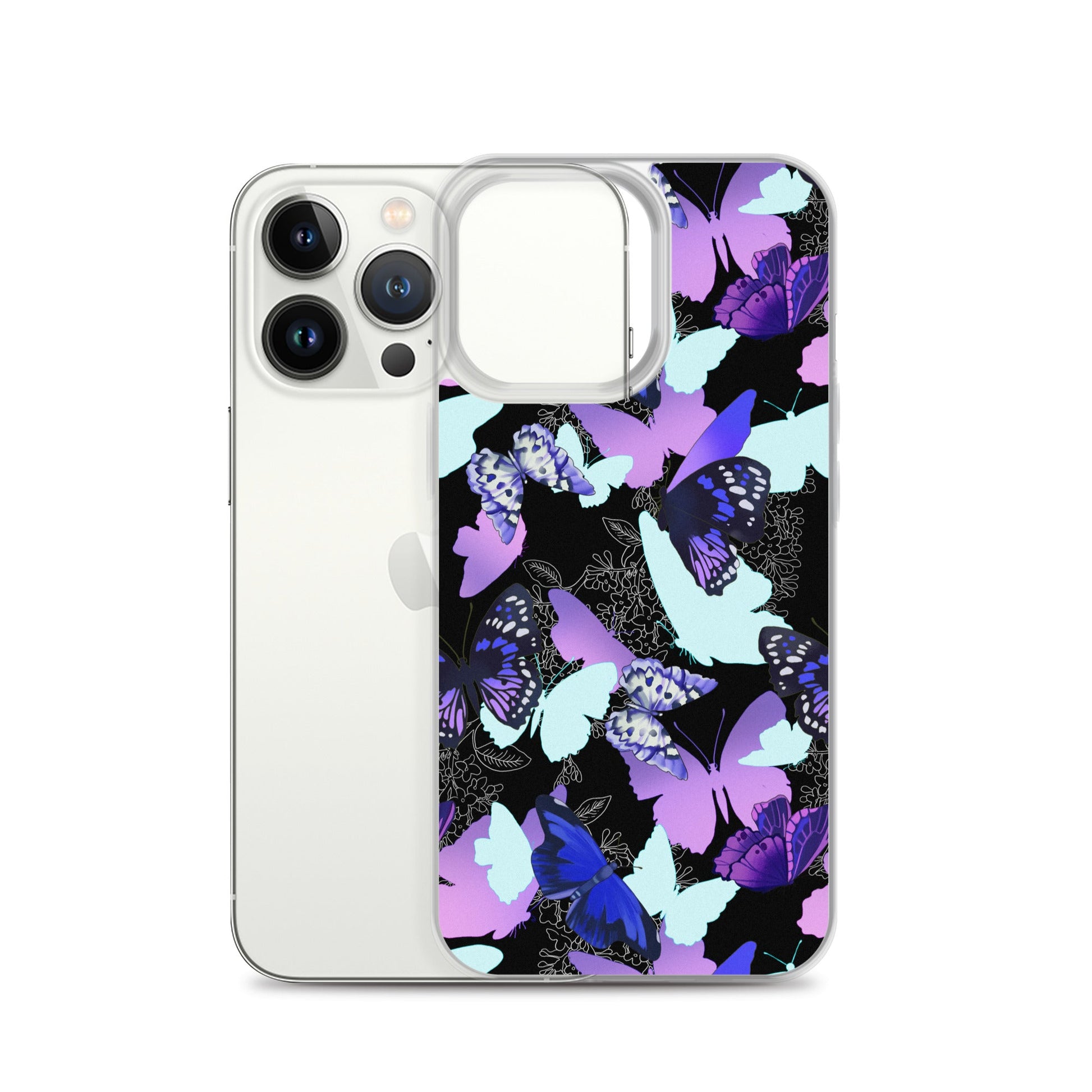 Butterfly iPhone® Clear Case featuring vibrant butterfly design, offering scratch and dust protection for your device.