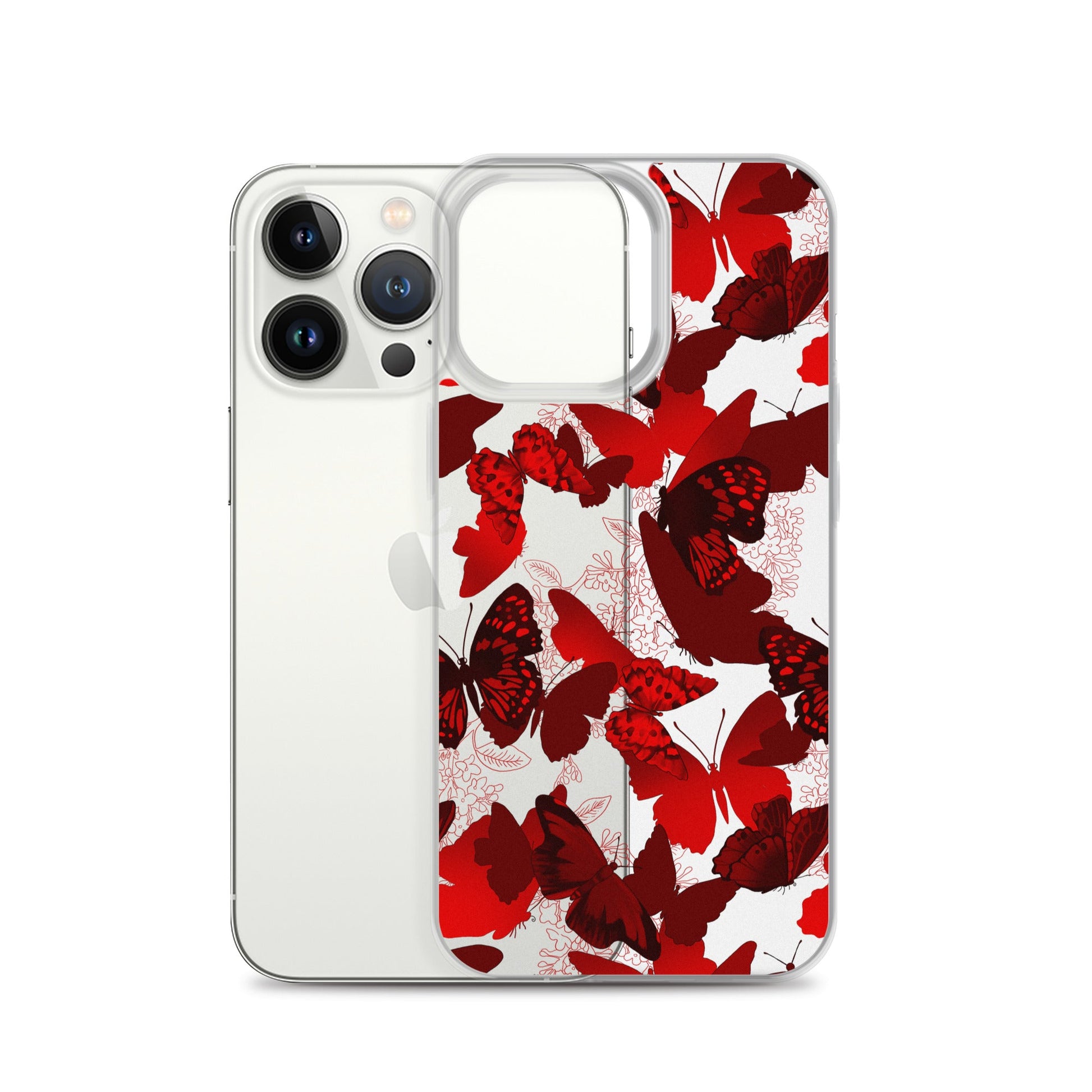 Stylish Butterfly iPhone® Clear Case featuring a vibrant butterfly design, offering protection and easy access to ports.