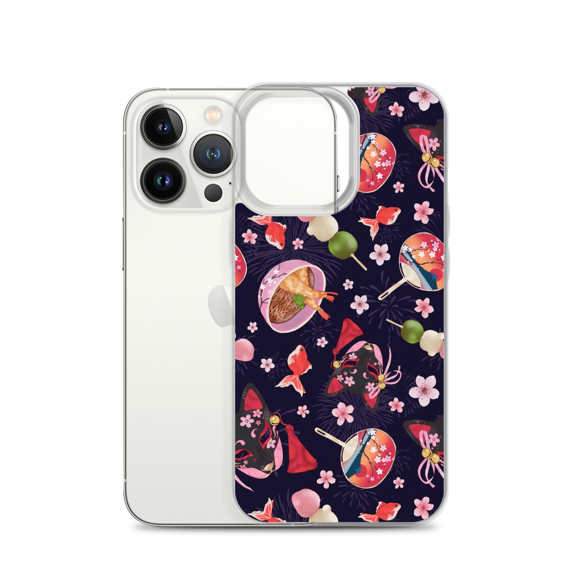 Matsuri iPhone® Clear Case featuring a vibrant design, offering protection from scratches and easy access to ports.