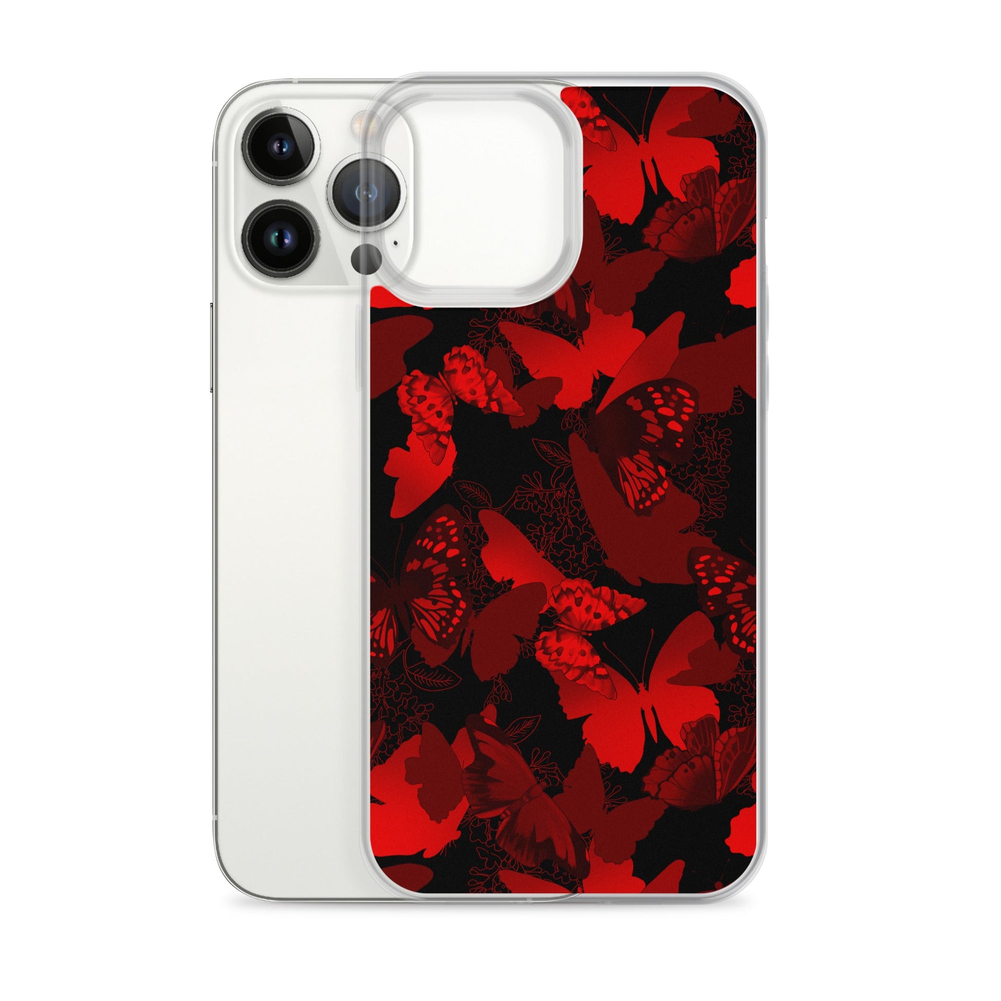 Sleek Butterfly iPhone® Clear Case featuring a vibrant red butterfly design, offering durable protection and style.