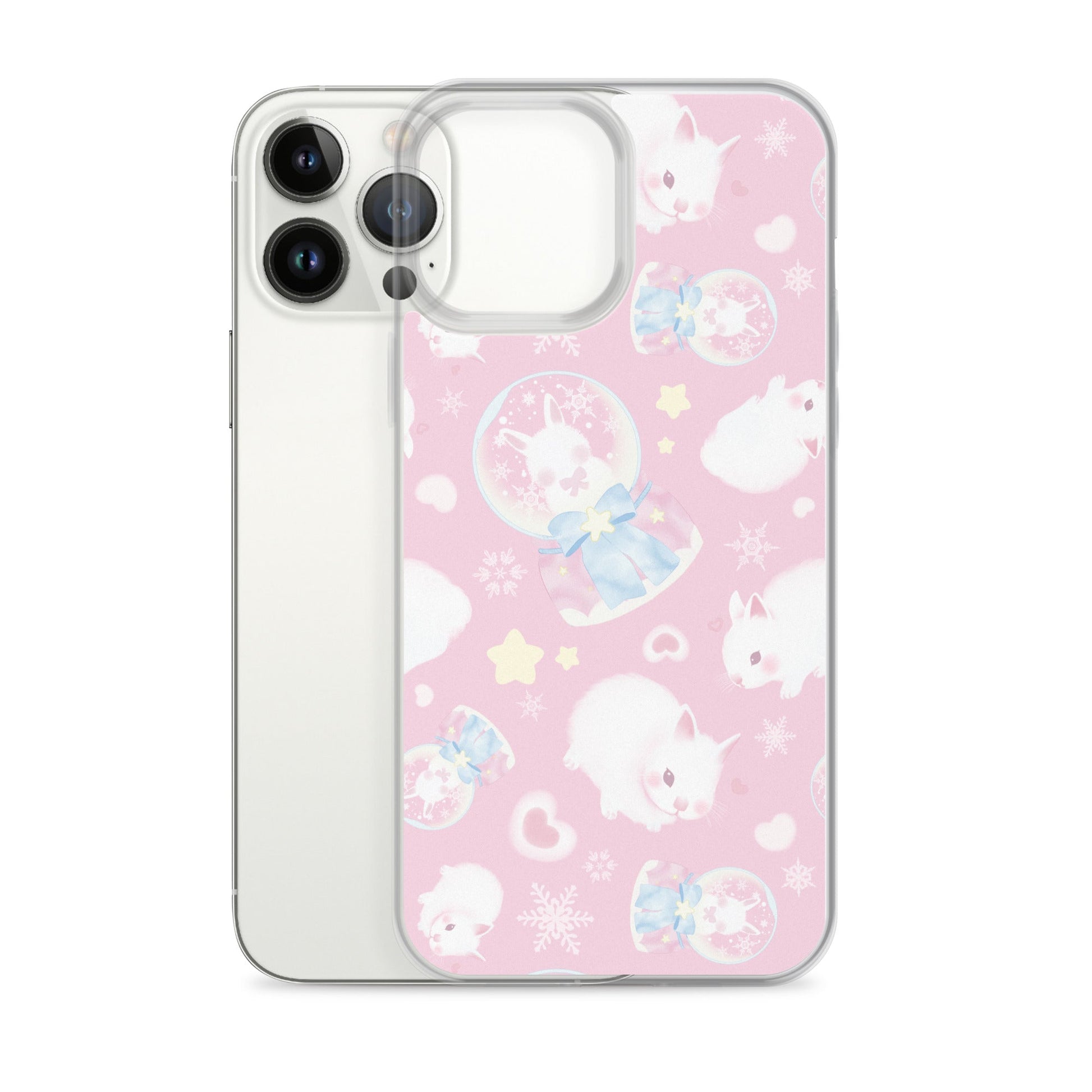 Protect your phone in style with the Snow Bunny iPhone® Clear Case, featuring adorable bunnies on a pink background.