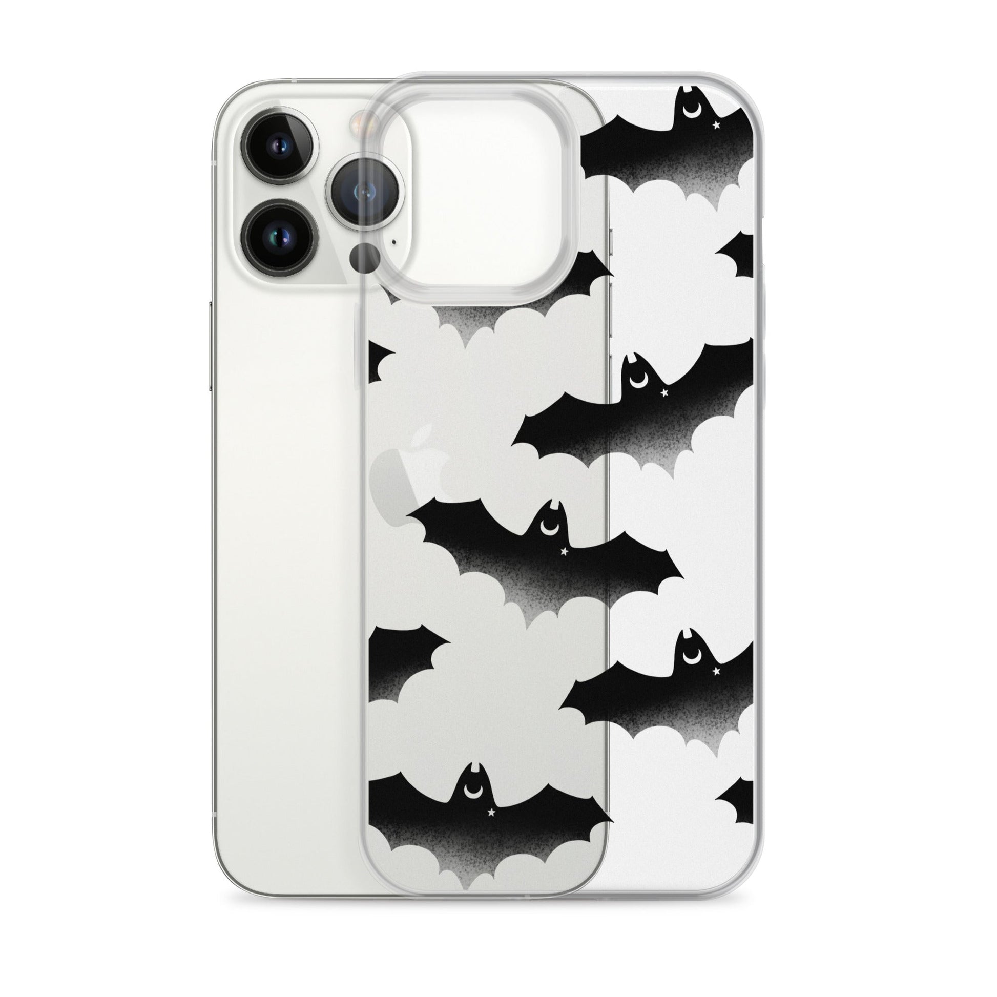 Sleek Morrigan iPhone® Clear Case with a stylish bat design, offering protection from scratches and dirt.