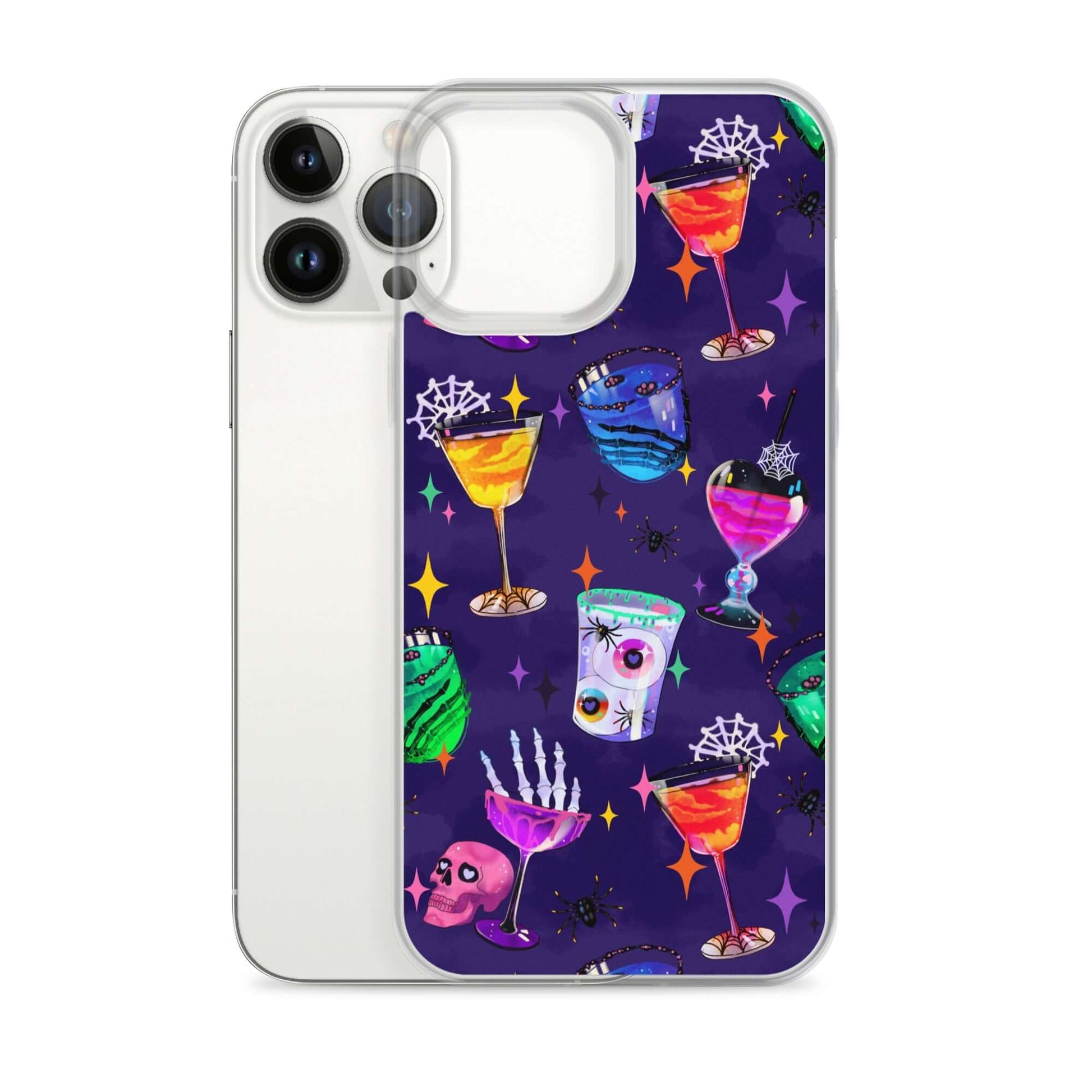 Colorful Monster Party iPhone® Clear Case showcasing drinks and spooky elements, combining style and protection.