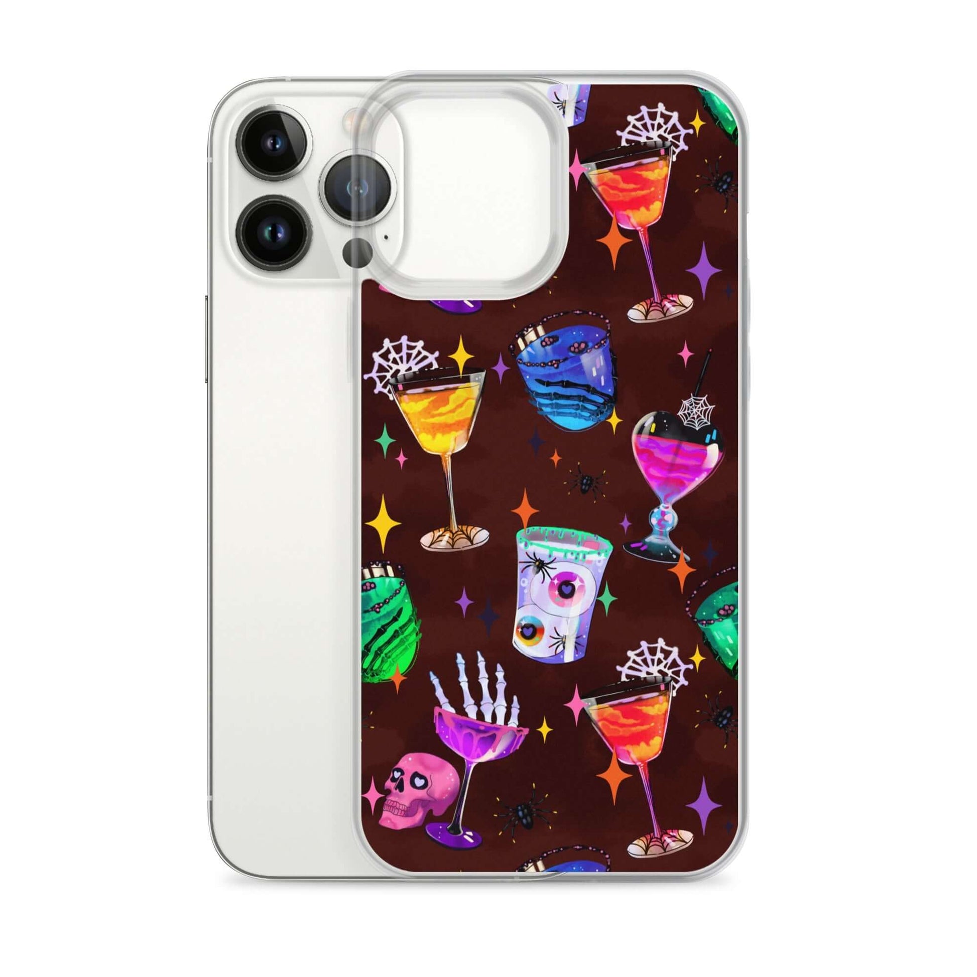 Colorful Monster Party iPhone® Clear Case featuring fun drink designs, perfect for protection against scratches and dirt.