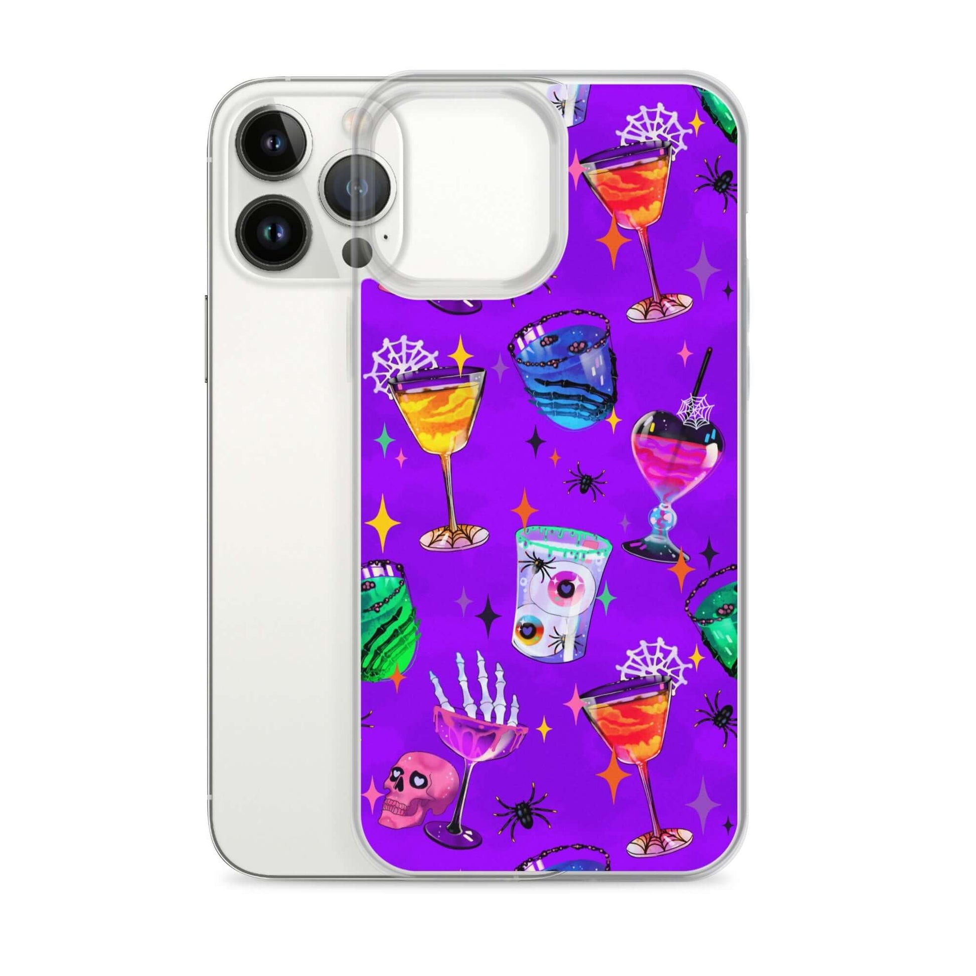 Colorful design of the Monster Party iPhone® Clear Case, featuring vibrant drinks and spooky elements, ideal for protection.
