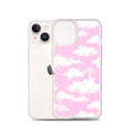 Sleek Cloudy Sky iPhone® Clear Case showcasing a pink cloud design, protecting your phone with style and durability.